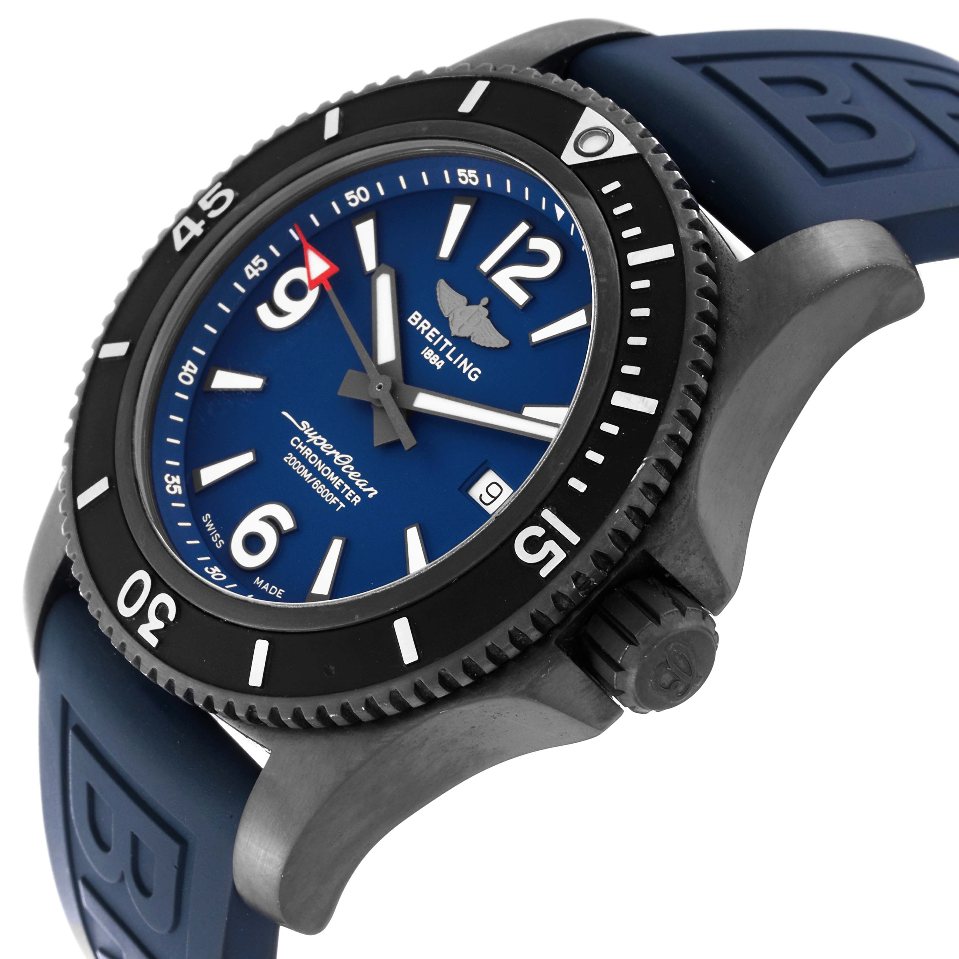 The Breitling Superocean M17368 Men's Stainless Steel Blue Dial M17368 Men's Stainless Steel Blue Dial watch is shown from an angled side view, displaying its face, bezel, crown, and strap.