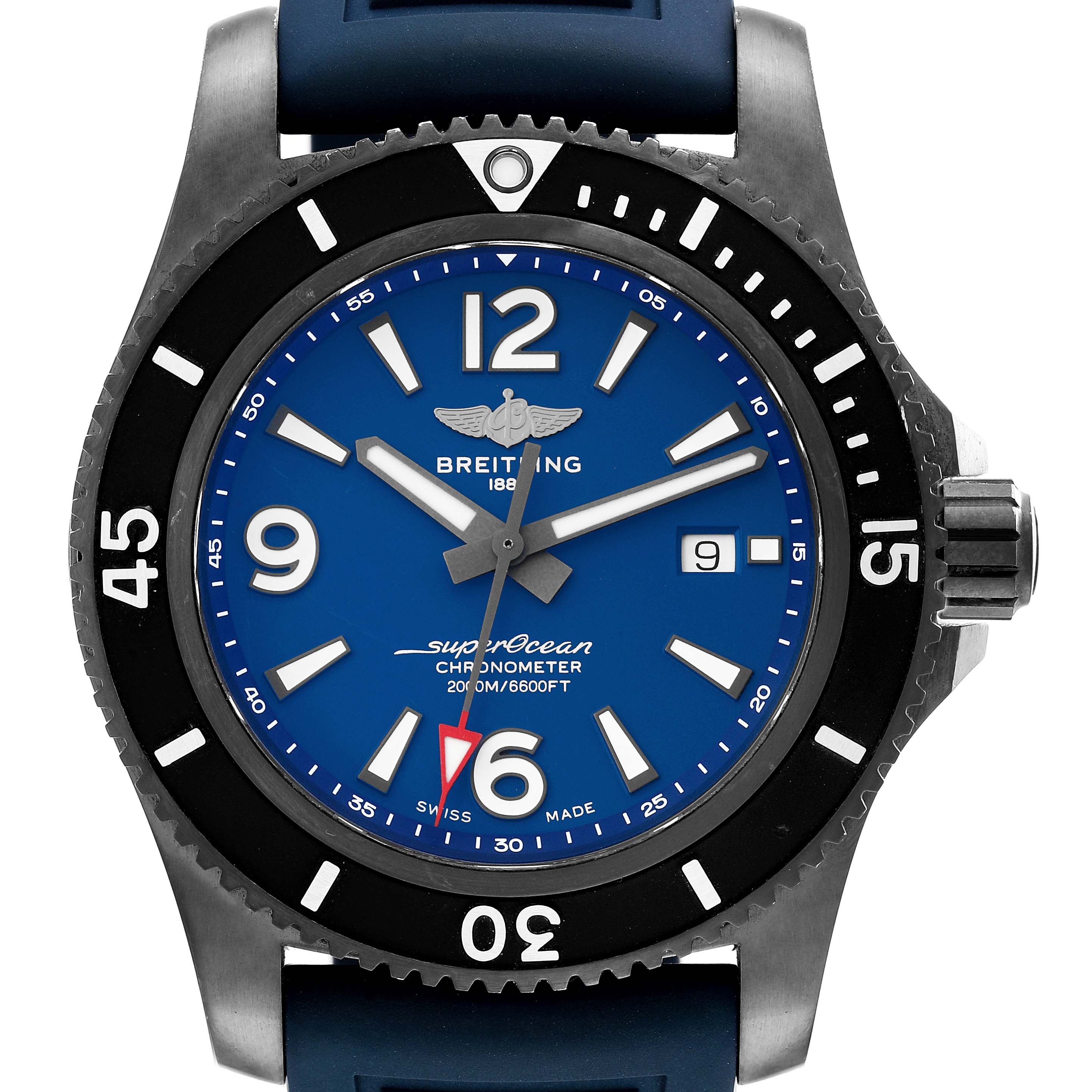 This image shows a front view of a Breitling Superocean M17368 Men's Stainless Steel Blue Dial M17368 Men's Stainless Steel Blue Dial watch, highlighting the dial, bezel, and crown.