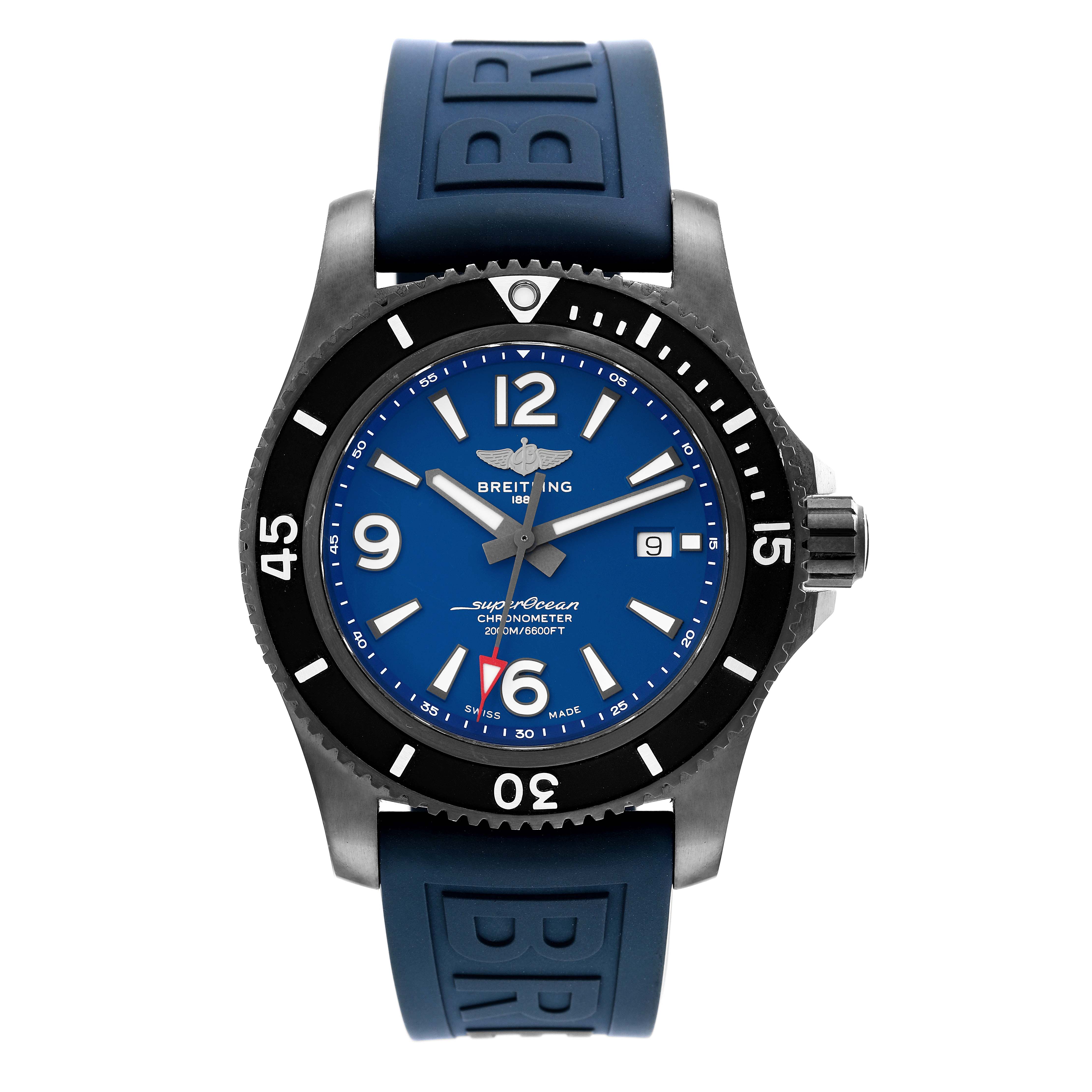 The image shows a front view of the Breitling Superocean M17368 Men's Stainless Steel Blue Dial M17368 Men's Stainless Steel Blue Dial watch with a blue dial and blue rubber strap.