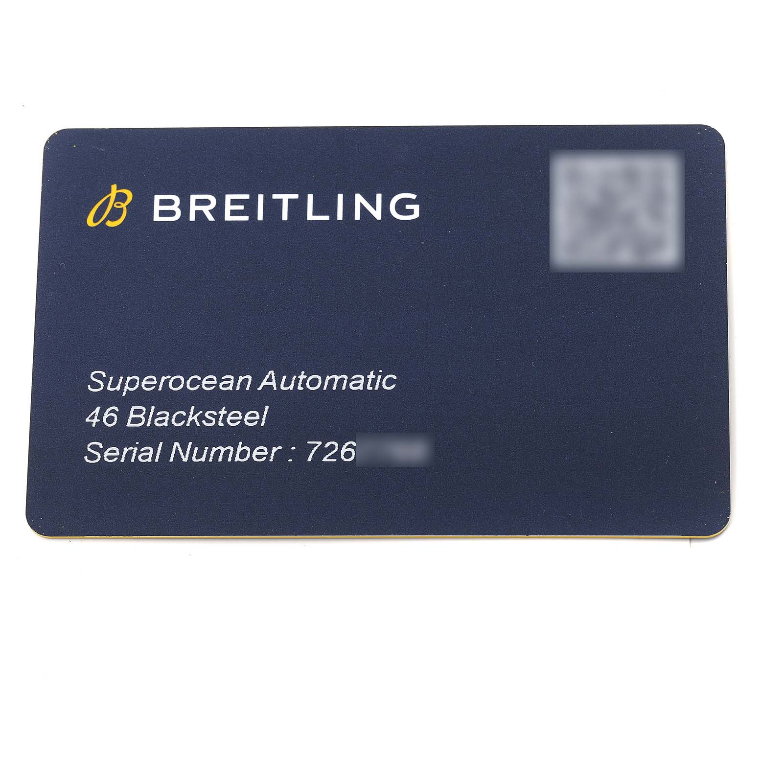This image shows the warranty card for a Breitling Superocean M17368 Men's Stainless Steel Blue Dial M17368 Men's Stainless Steel Blue Dial Automatic 46 Blacksteel watch.