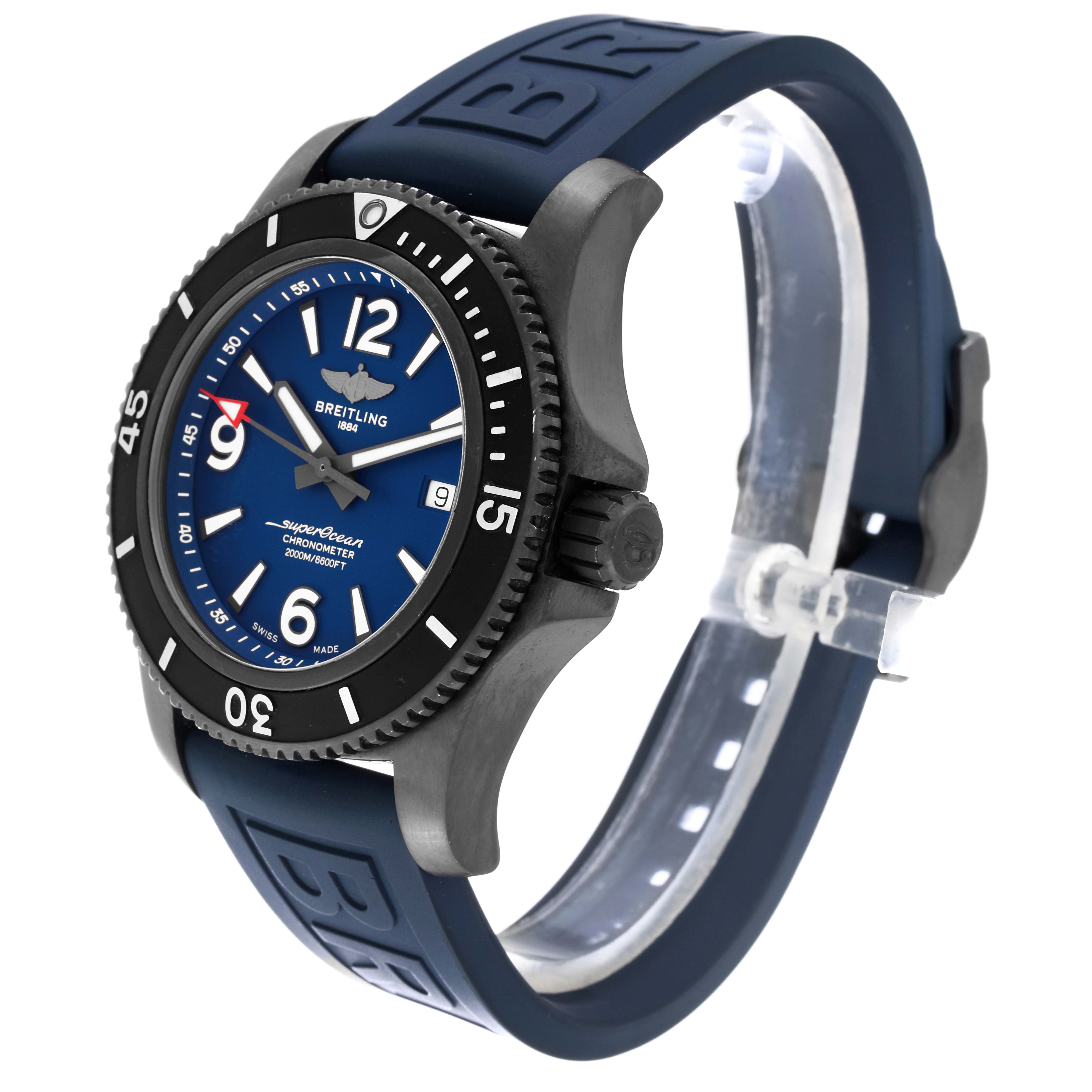 The image showcases a Breitling Superocean M17368 Men's Stainless Steel Blue Dial M17368 Men's Stainless Steel Blue Dial watch at a three-quarter angle, featuring the dial, bezel, crown, and strap.