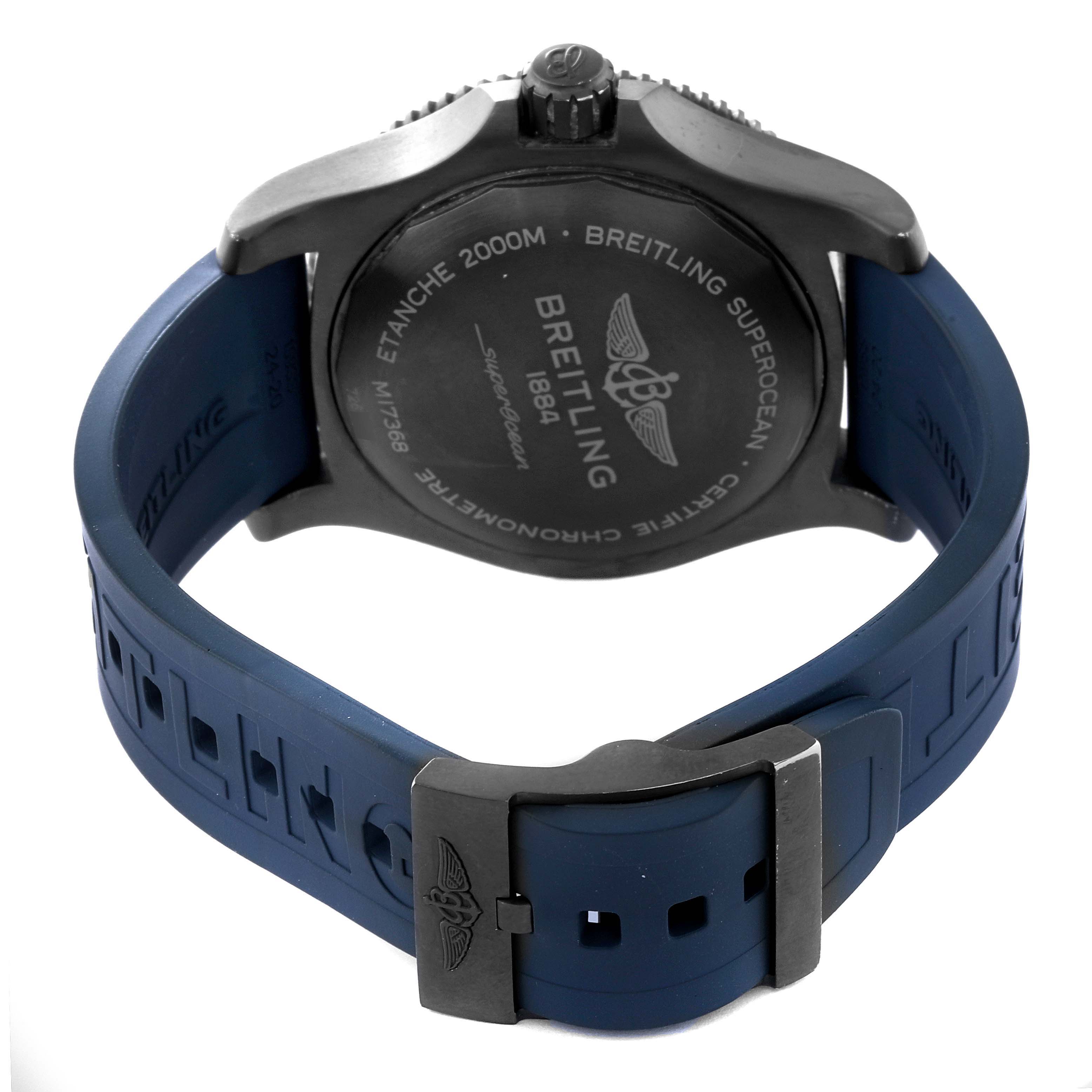 The image shows the back case and strap of a Breitling Superocean M17368 Men's Stainless Steel Blue Dial M17368 Men's Stainless Steel Blue Dial model watch, prominently displaying the brand engraving and buckle.