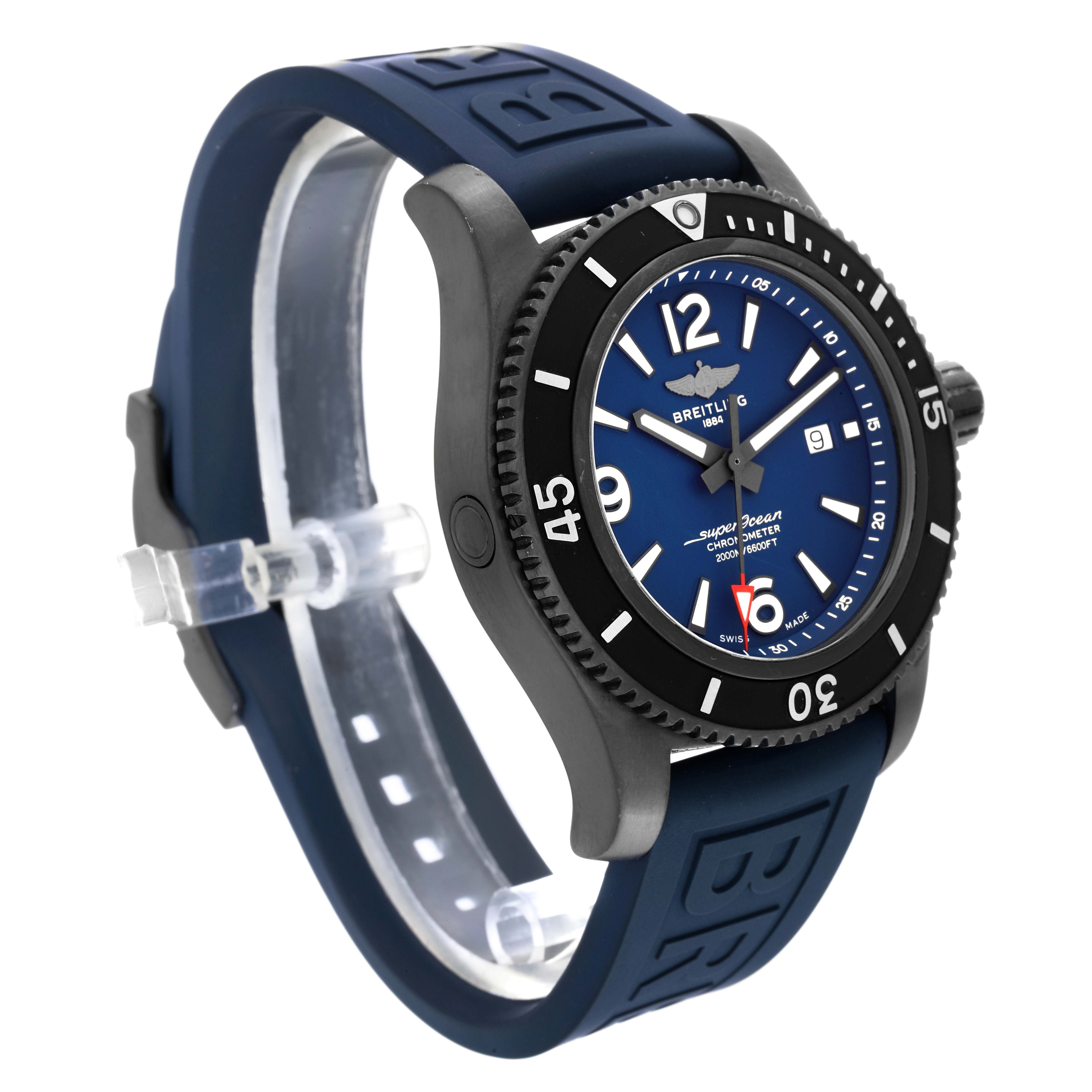 The Breitling Superocean M17368 Men's Stainless Steel Blue Dial M17368 Men's Stainless Steel Blue Dial watch is shown at a tilted angle displaying the face, bezel, and blue rubber strap.
