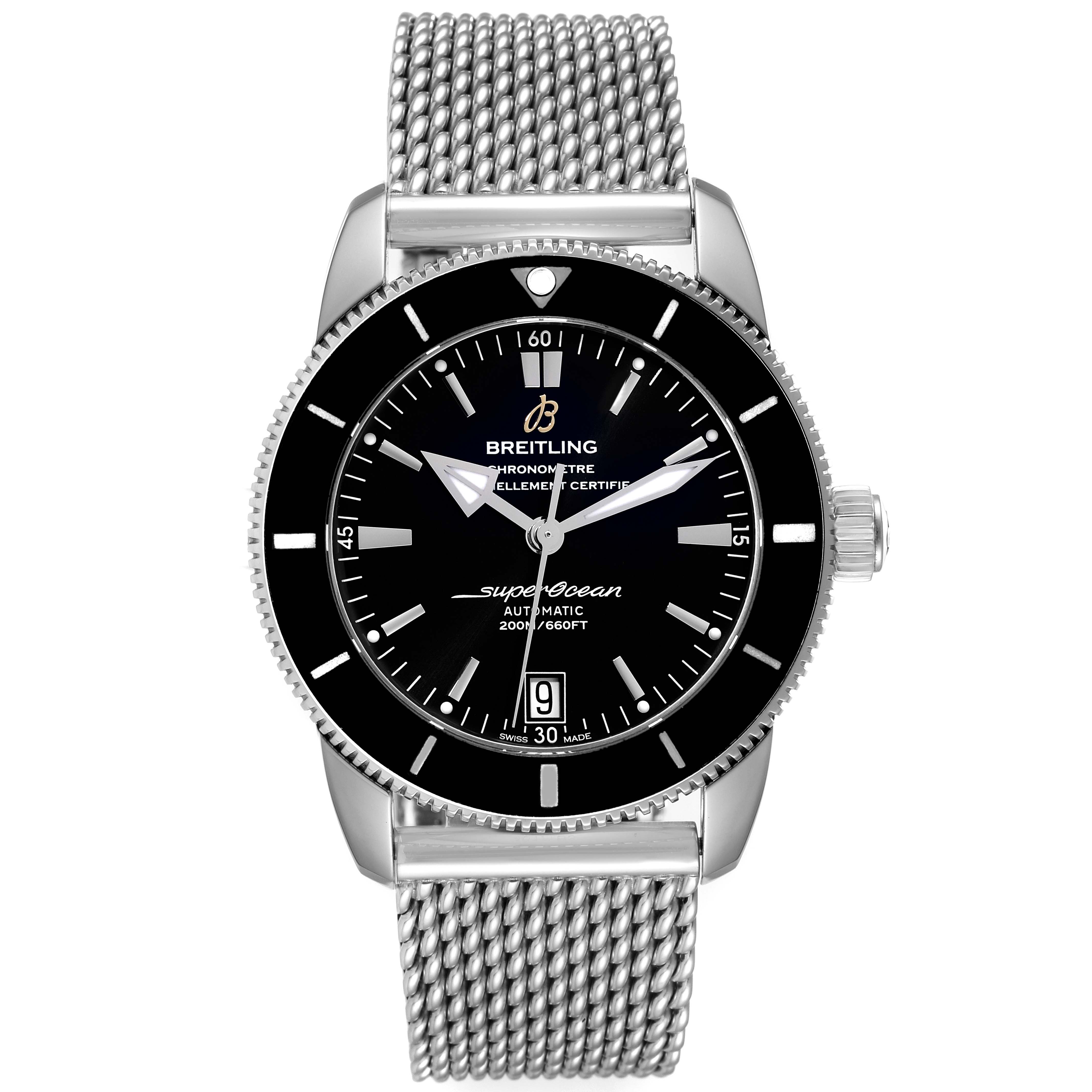 The Breitling Superocean AB2010161C1A1 Men's Stainless Steel Black Dial AB2010161C1A1 Men's Stainless Steel Black Dial watch is shown from the front, highlighting the dial, bezel, and mesh bracelet.