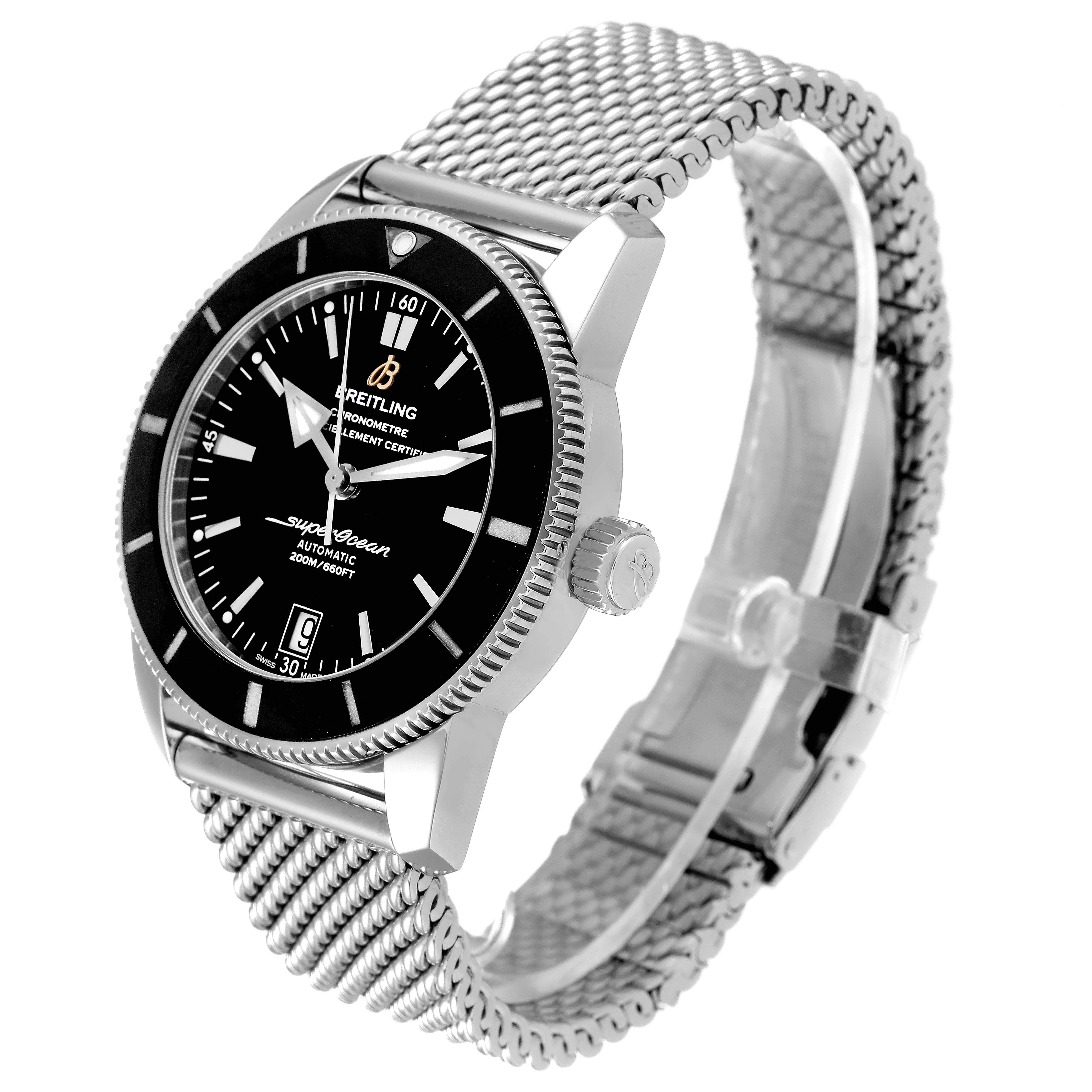 The Breitling Superocean AB2010161C1A1 Men's Stainless Steel Black Dial AB2010161C1A1 Men's Stainless Steel Black Dial watch is shown at an angle highlighting the dial, bezel, crown, and metal mesh strap.