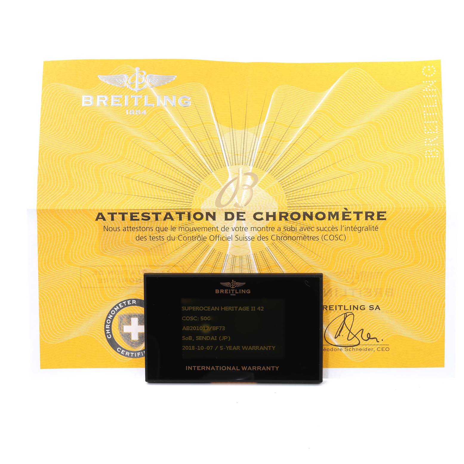 The image shows the chronometer certificate and international warranty card for a Breitling Superocean AB2010161C1A1 Men's Stainless Steel Black Dial AB2010161C1A1 Men's Stainless Steel Black Dial Heritage II 42 watch.