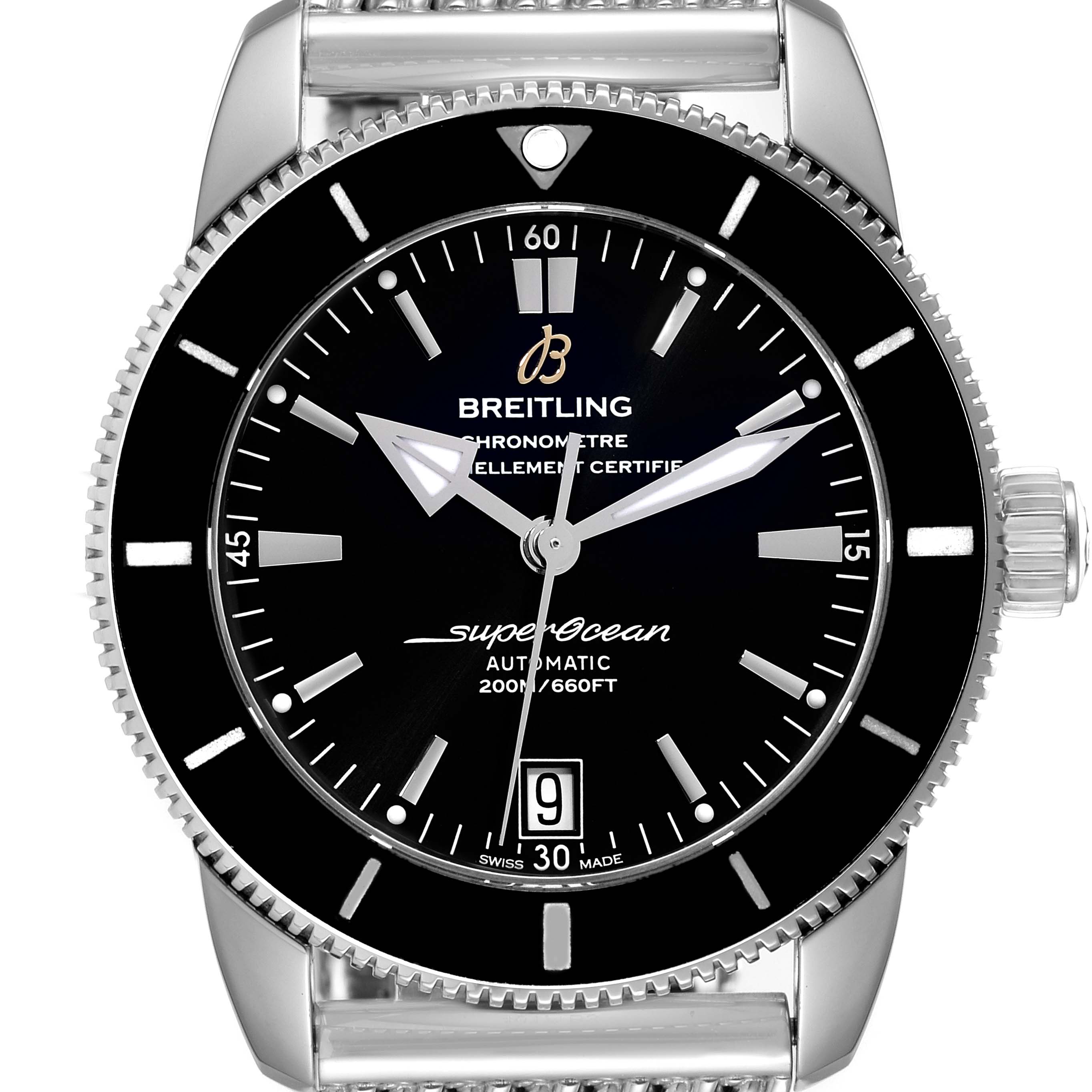 This image shows a front view of a Breitling Superocean AB2010161C1A1 Men's Stainless Steel Black Dial AB2010161C1A1 Men's Stainless Steel Black Dial watch featuring its face, bezel, and crown.