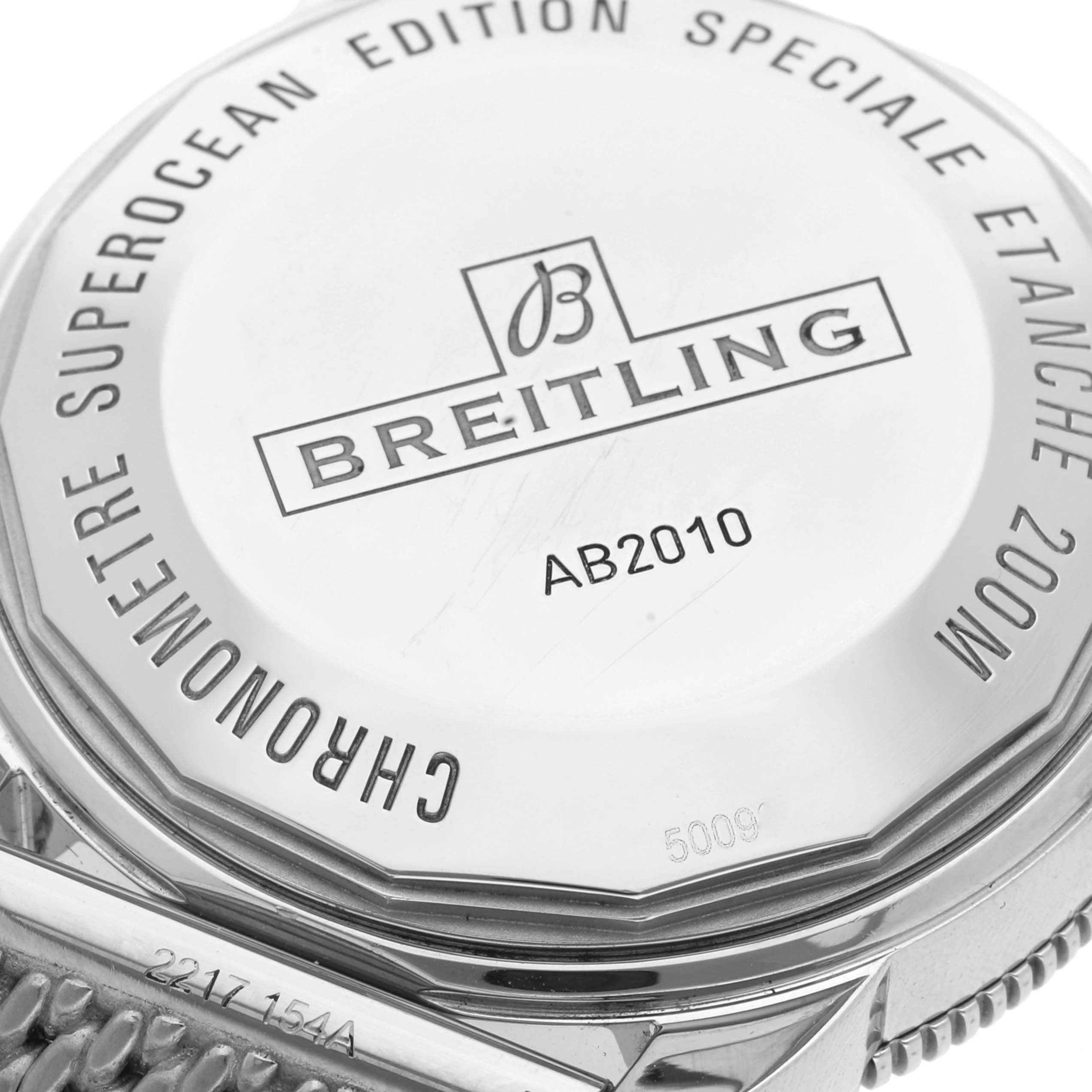The image shows the case back of the Breitling Superocean AB2010161C1A1 Men's Stainless Steel Black Dial AB2010161C1A1 Men's Stainless Steel Black Dial watch, highlighting model and brand engravings.