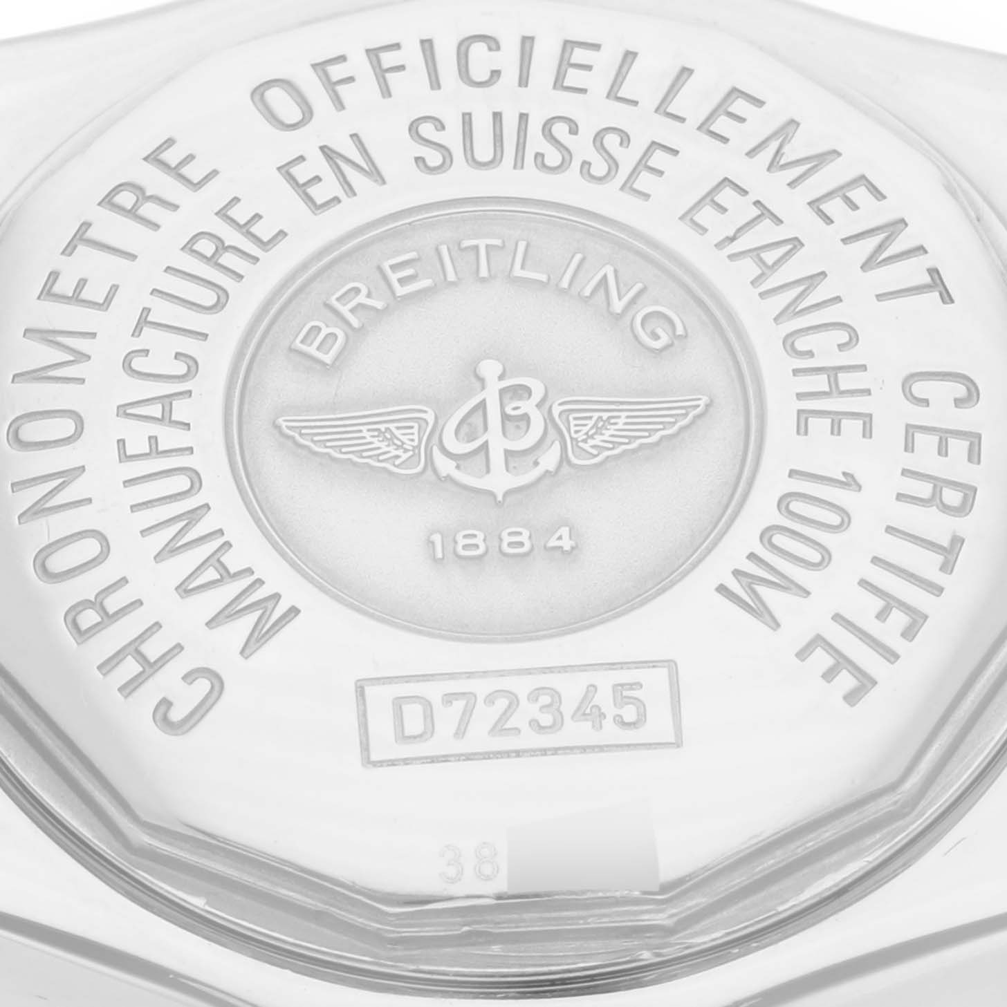 The image shows the back case of the Breitling D72345 Women's Stainless Steel Mother of Pearl Dial D72345 Women's Stainless Steel Mother of Pearl Dial Windrider Calisto Steel Yellow Gold Diamond Ladies Watch model D72345.