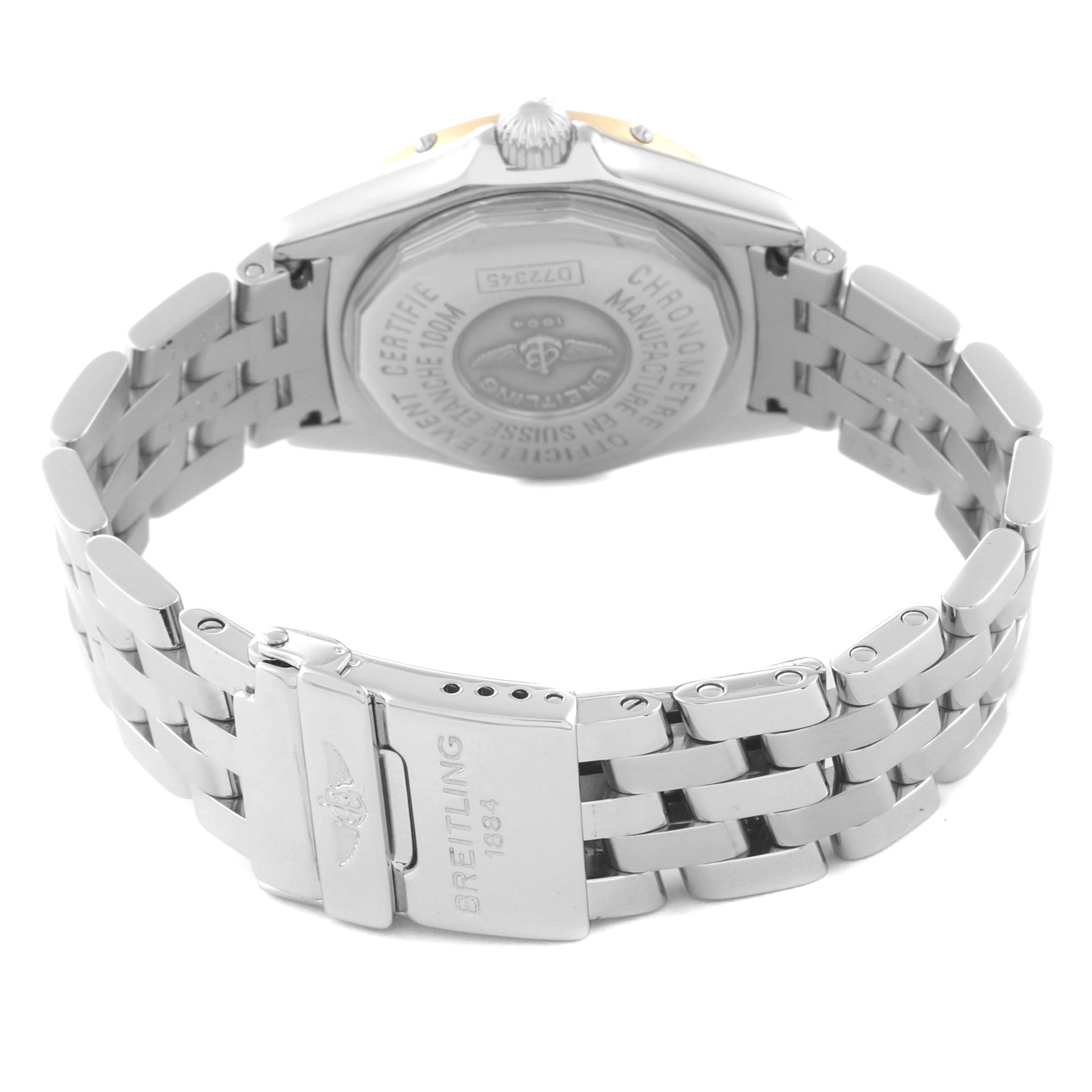 The image shows the back view and bracelet of the Breitling D72345 Women's Stainless Steel Mother of Pearl Dial D72345 Women's Stainless Steel Mother of Pearl Dial Windrider Calisto Steel Yellow Gold Diamond Ladies Watch, model D72345.