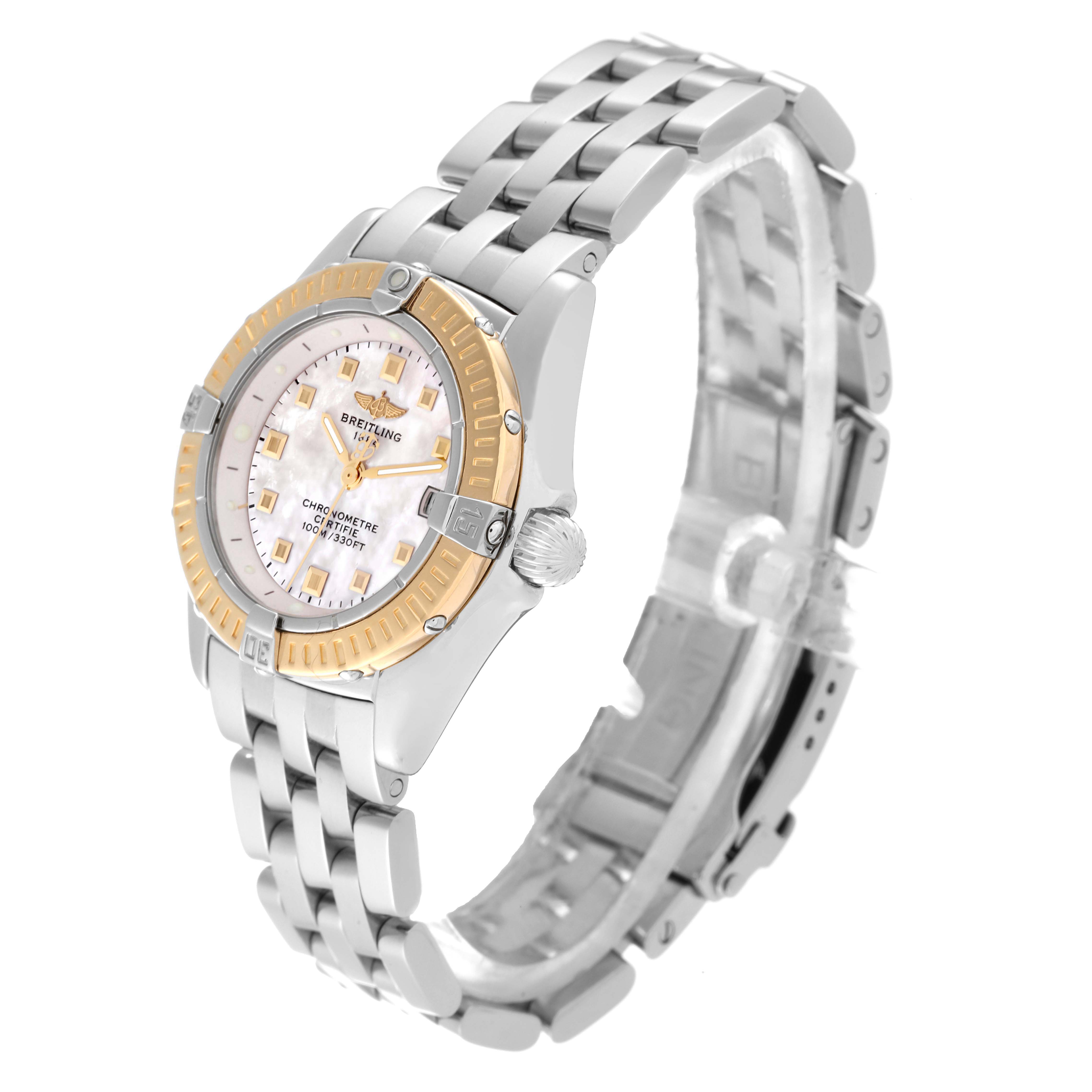 The image shows a side-angle view of the Breitling D72345 Women's Stainless Steel Mother of Pearl Dial D72345 Women's Stainless Steel Mother of Pearl Dial Windrider Calisto Steel Yellow Gold Ladies Watch D72345, displaying the face, bezel, and bracelet.