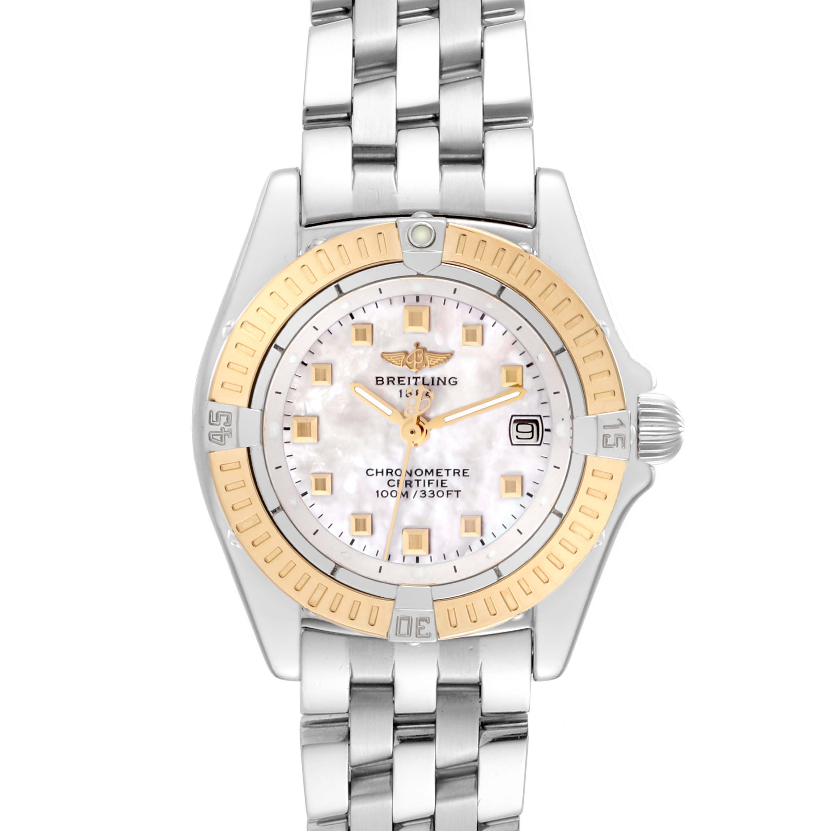 The Windrider Calisto Steel Yellow Gold Ladies Watch D72345 by Breitling D72345 Women's Stainless Steel Mother of Pearl Dial D72345 Women's Stainless Steel Mother of Pearl Dial is shown from the front, displaying its face, bezel, and part of the bracelet.