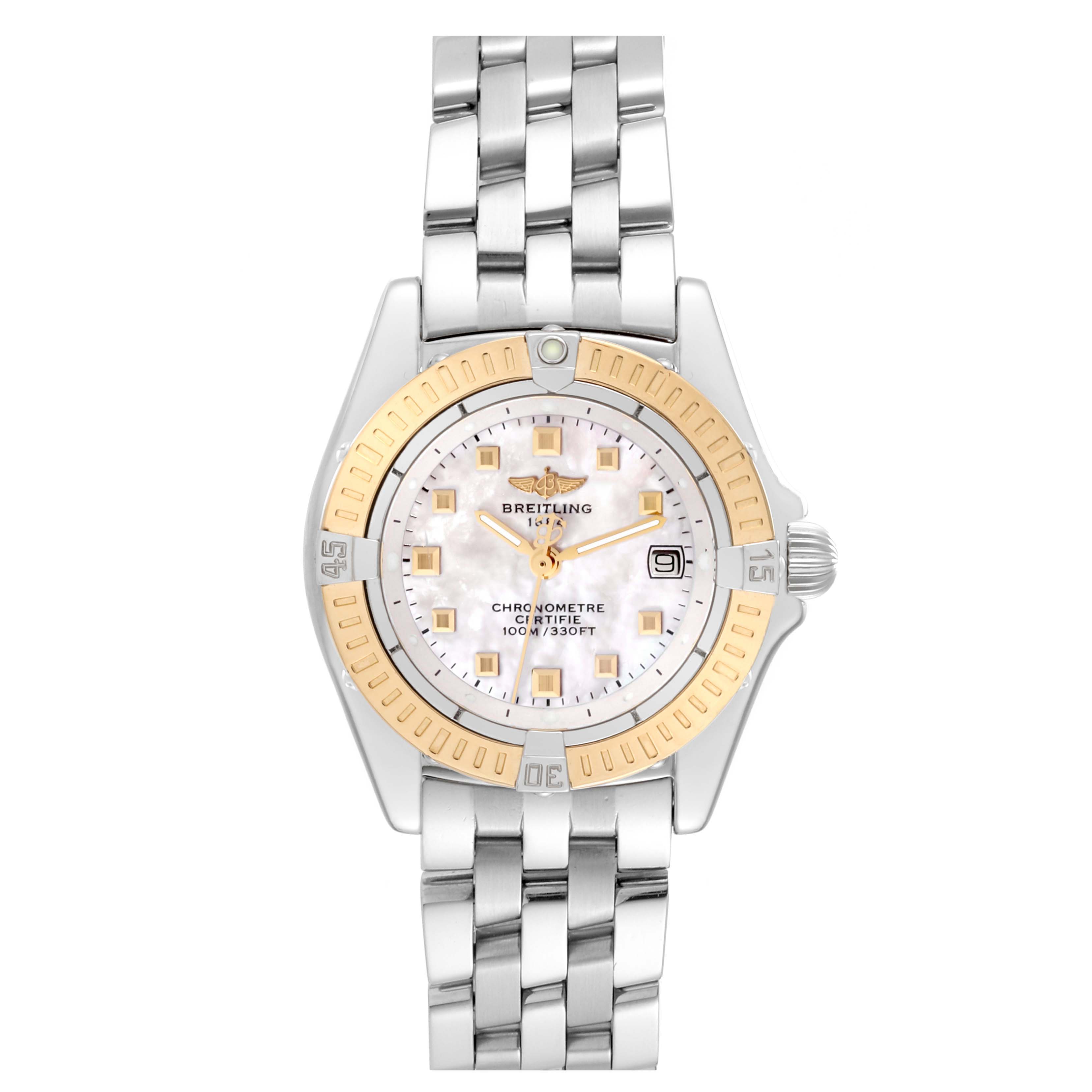 The Breitling D72345 Women's Stainless Steel Mother of Pearl Dial D72345 Women's Stainless Steel Mother of Pearl Dial Windrider Calisto Steel Yellow Gold Ladies Watch D72345 is shown from a top-down perspective, highlighting its face and bracelet.