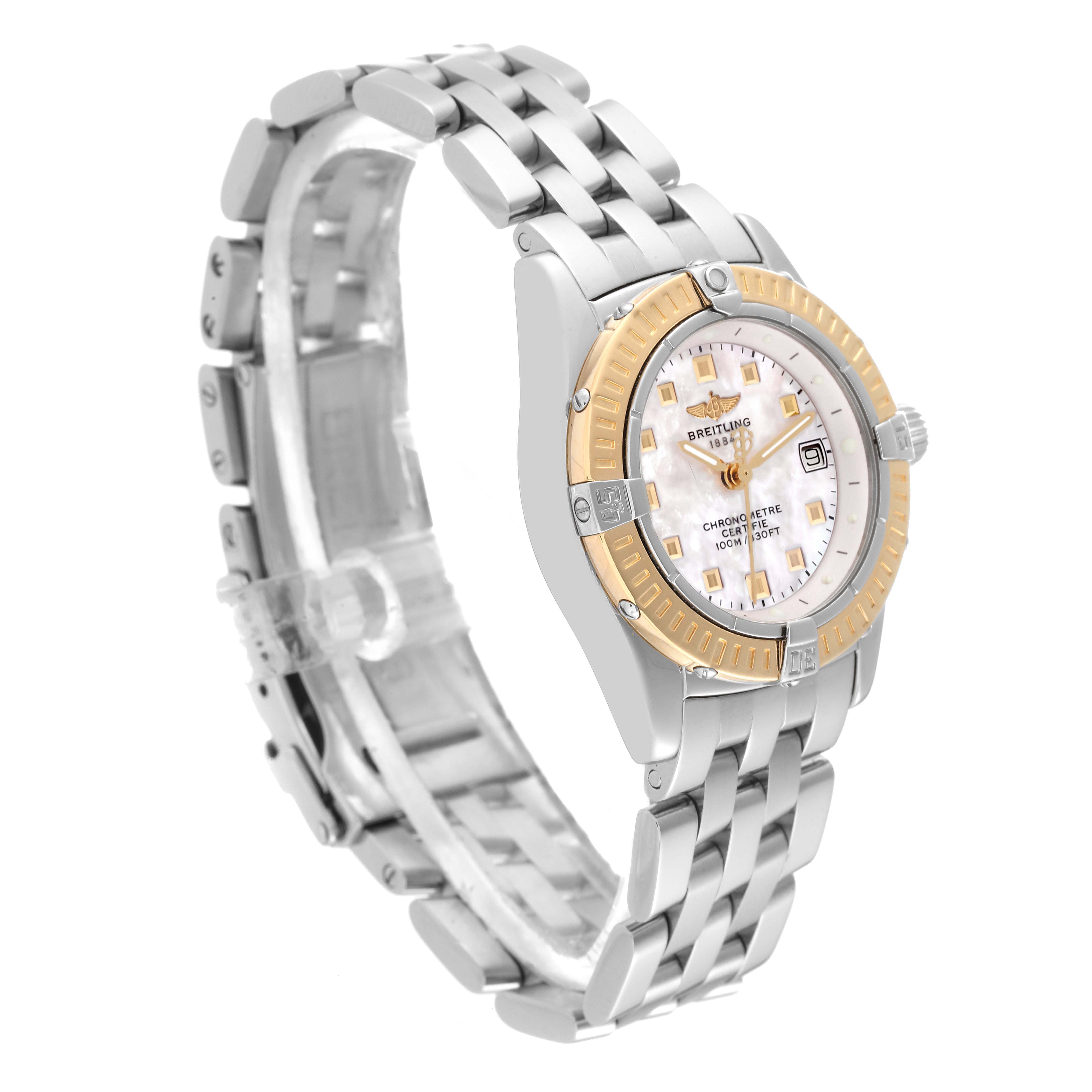 The Breitling D72345 Women's Stainless Steel Mother of Pearl Dial D72345 Women's Stainless Steel Mother of Pearl Dial Windrider Calisto Steel Yellow Gold Ladies Watch D72345 is shown at a three-quarter angle, displaying the bracelet, bezel, and face.