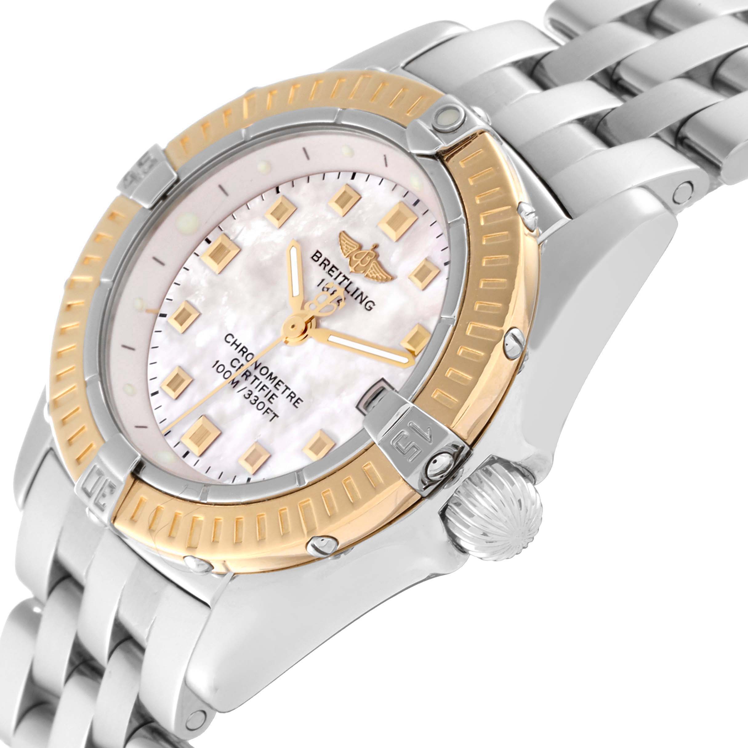 The image showcases a Breitling D72345 Women's Stainless Steel Mother of Pearl Dial D72345 Women's Stainless Steel Mother of Pearl Dial Windrider Calisto Steel Yellow Gold Ladies Watch D72345 at an angled close-up, highlighting the dial, bezel, and part of the bracelet.