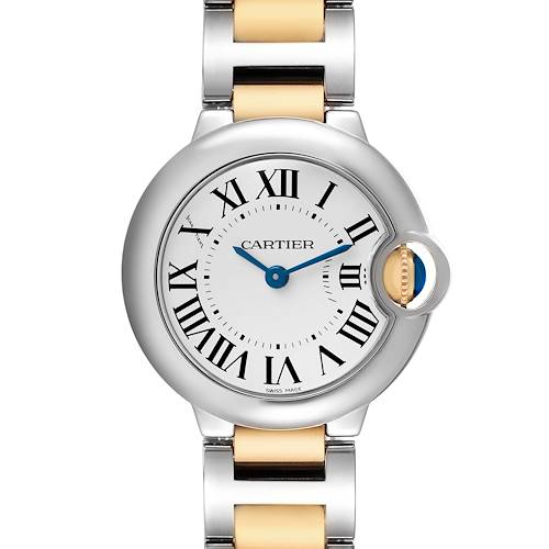 The Cartier Ballon Bleu W69007Z3 Women's Steel and Gold (two tone) Silver Dial watch is shown from a front angle, highlighting the face, hands, and Roman numerals.