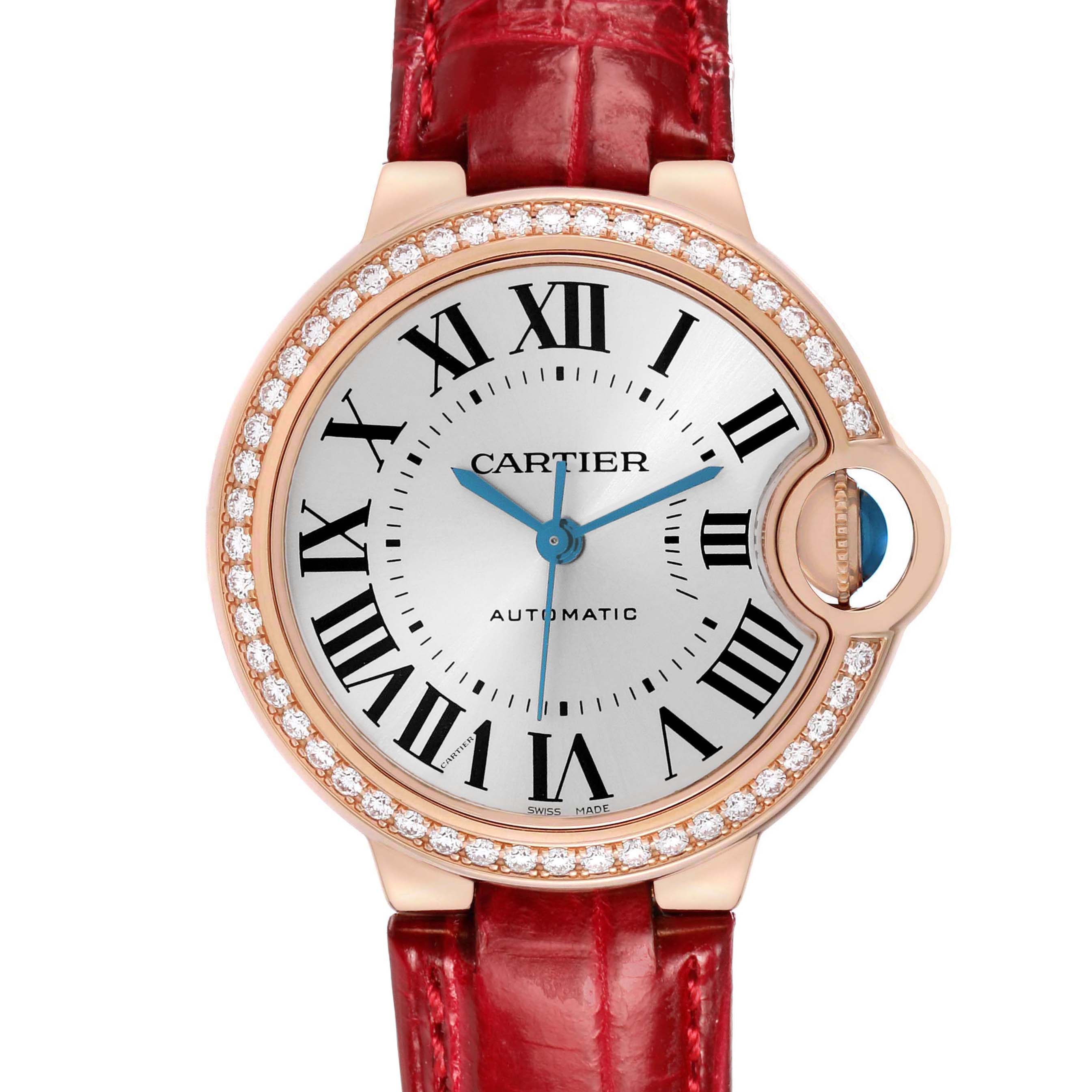 The Cartier Ballon Bleu WJBB0033 Women's Rose Gold Silver Dial watch is shown from the front, highlighting the face, Roman numerals, and diamond-studded bezel.