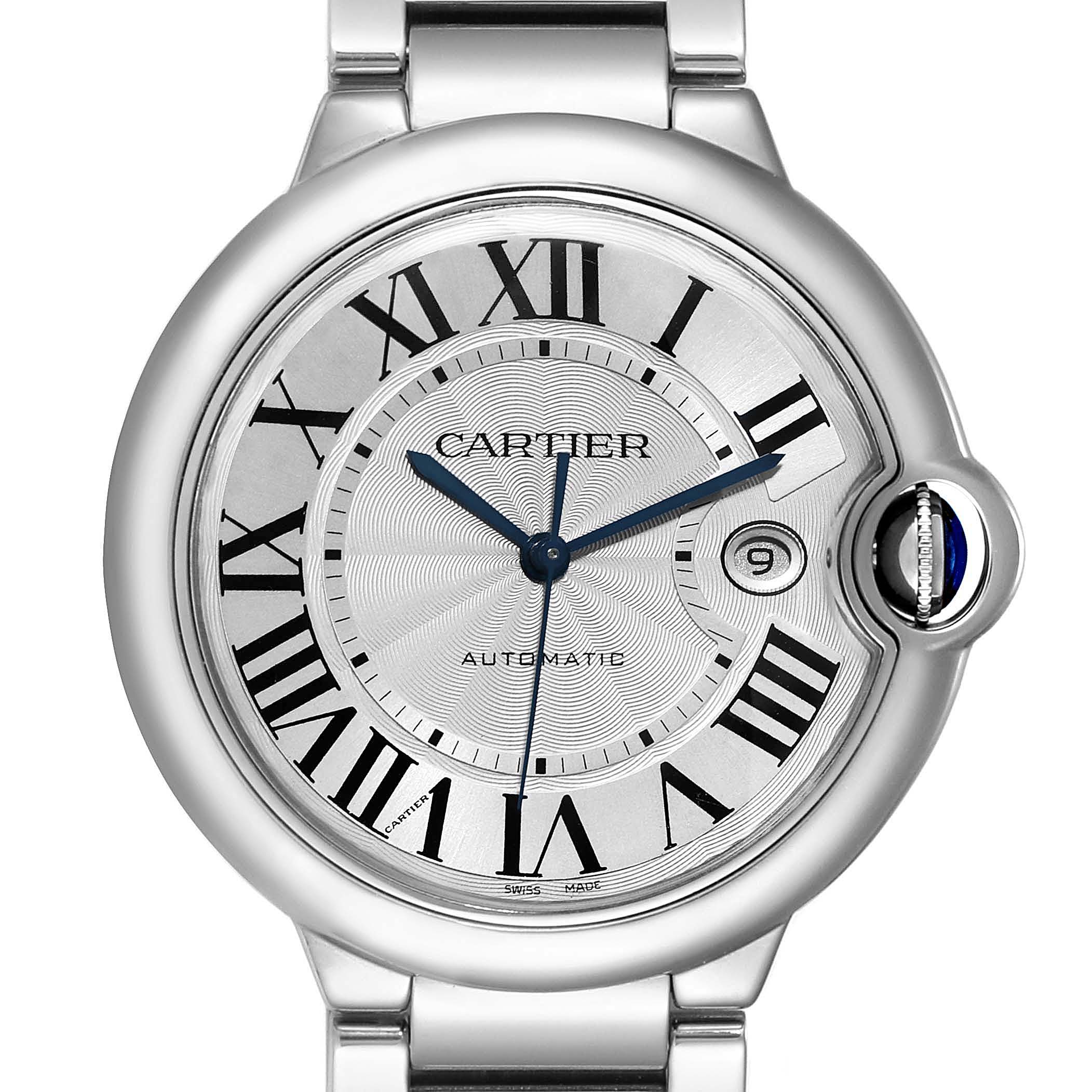 This is a close-up view of the face of the Ballon Bleu de Cartier watch, showing Roman numerals and blue hands.