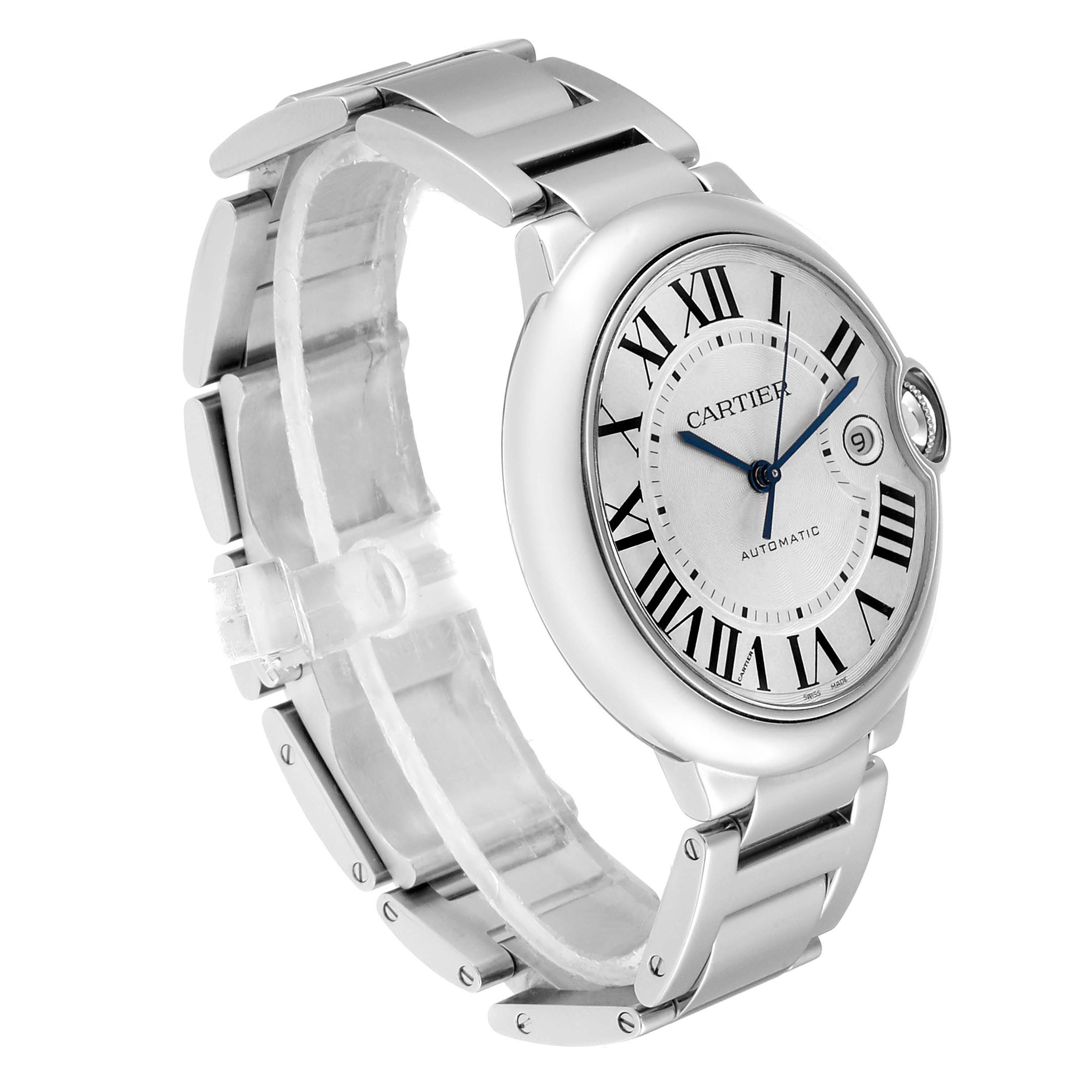 This image shows a Cartier Ballon Bleu W69012Z4 Men's Stainless Steel Silver Dial W69012Z4 Men's Stainless Steel Silver Dial watch at an angle highlighting its face, bezel, and bracelet.