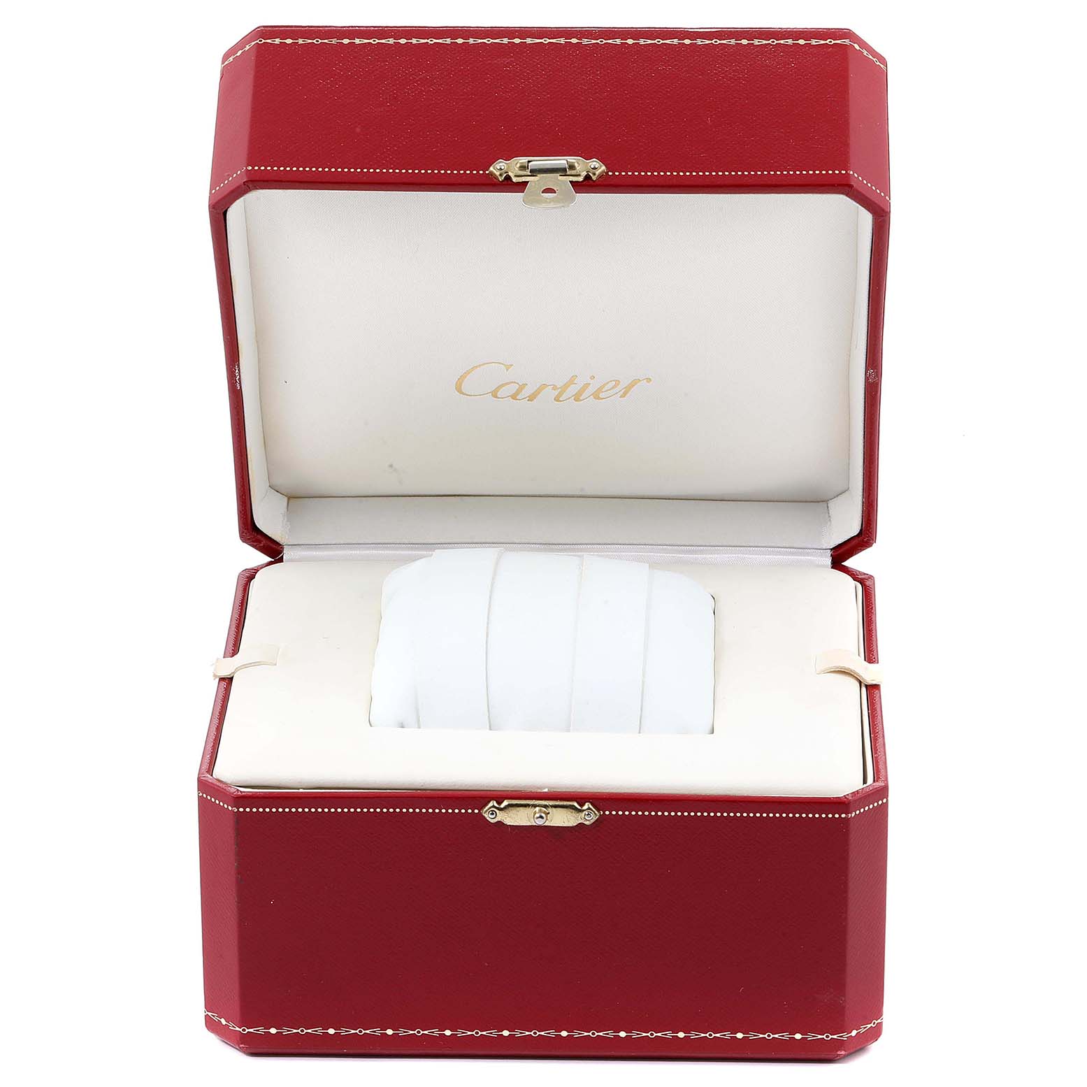 This is an image of a red Cartier box for the Ballon Bleu model, with an empty pillow holder inside.