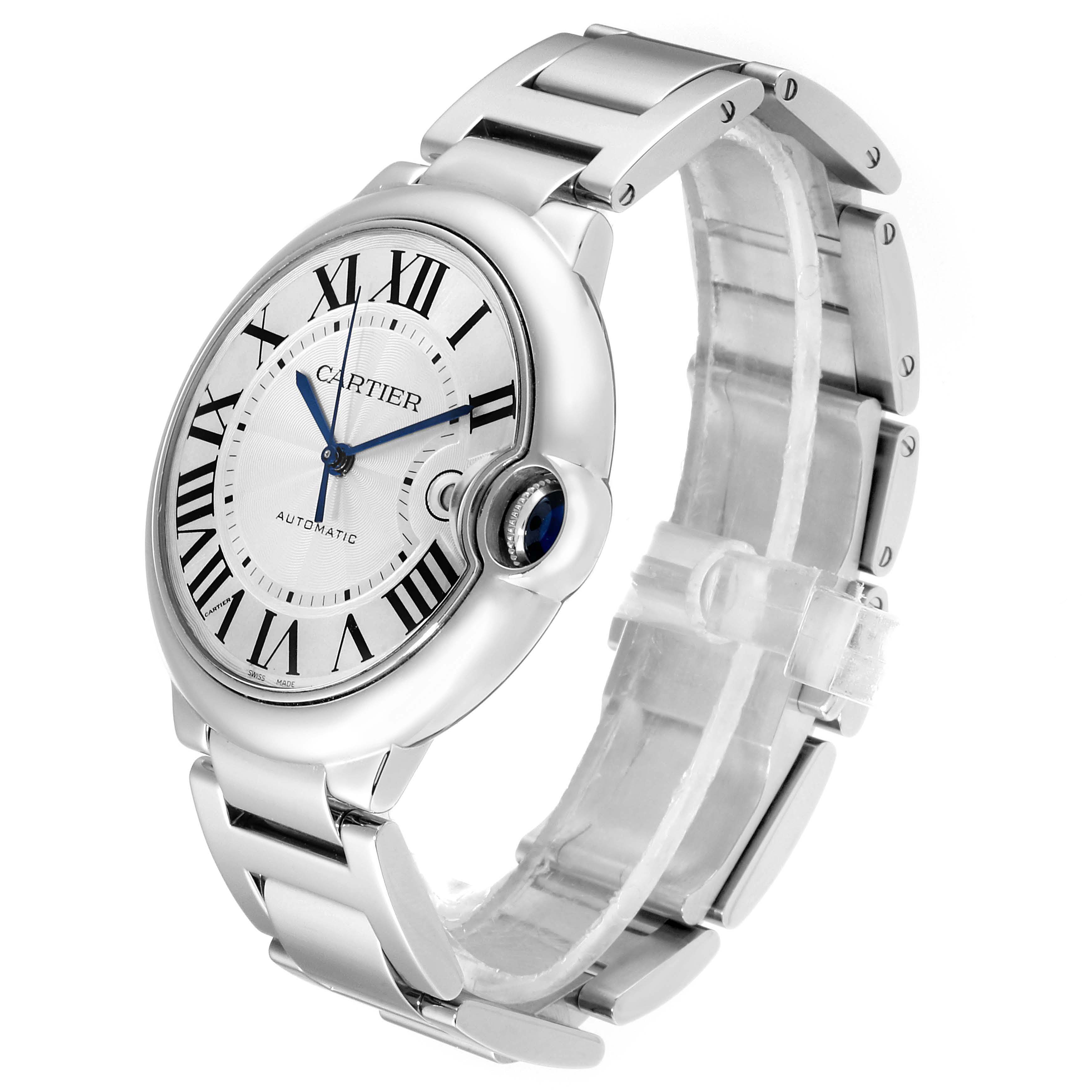 The image shows a Ballon Bleu watch by Cartier from an angled side view, highlighting its dial, crown, and bracelet.