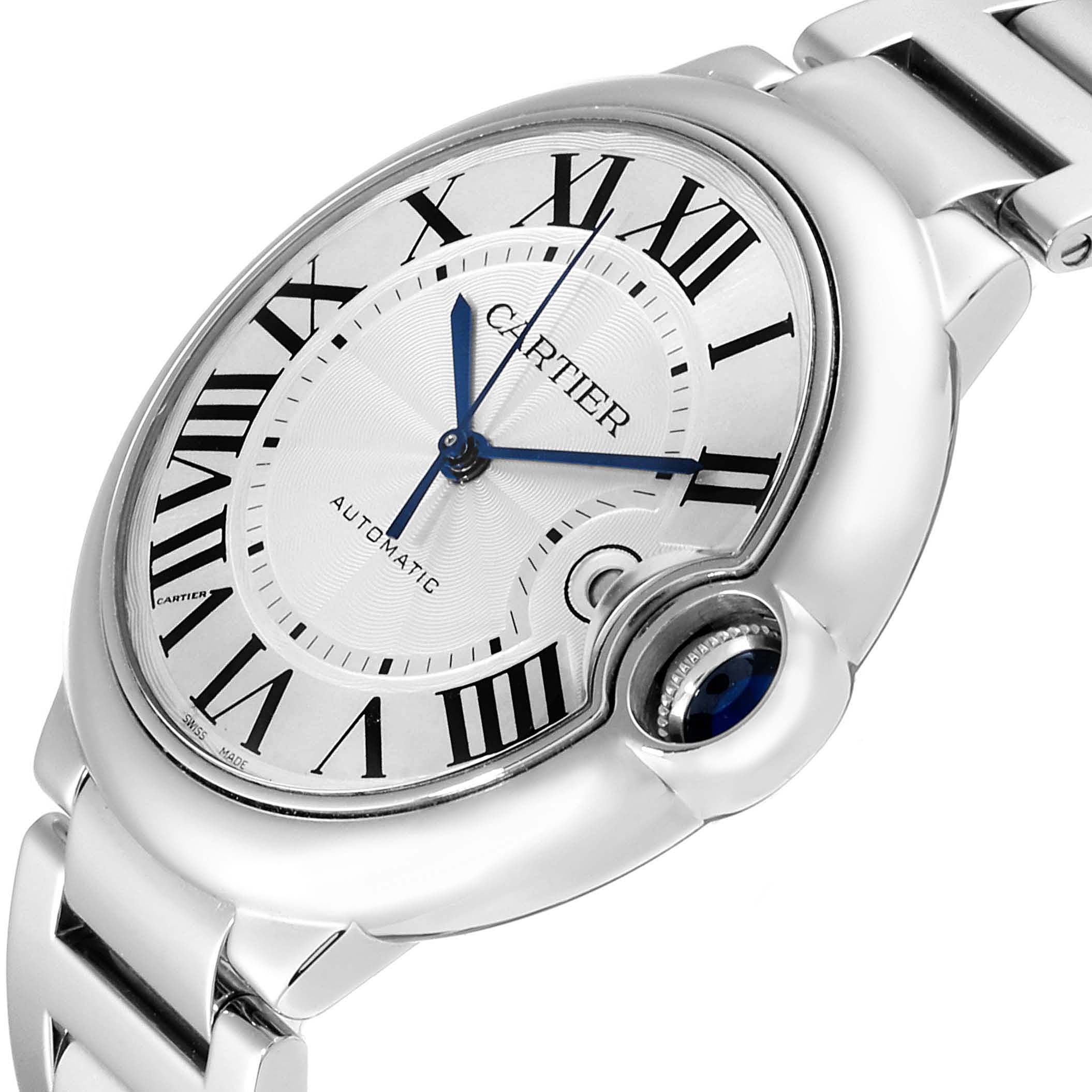 The image shows a close-up angle of the dial and part of the bracelet of the Cartier Ballon Bleu W69012Z4 Men's Stainless Steel Silver Dial W69012Z4 Men's Stainless Steel Silver Dial watch.