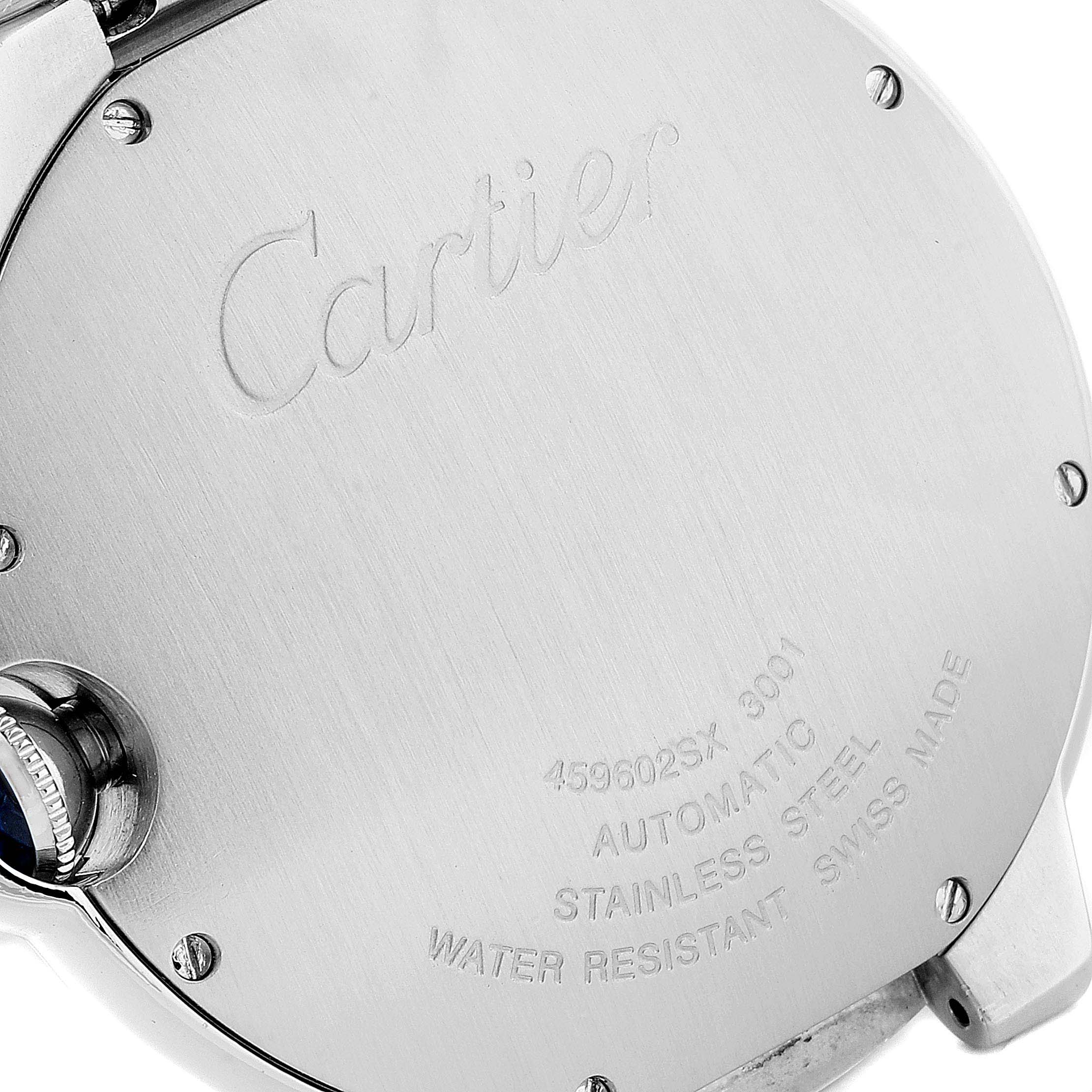 The image shows the back case of a Cartier Ballon Bleu W69012Z4 Men's Stainless Steel Silver Dial W69012Z4 Men's Stainless Steel Silver Dial watch, highlighting the engraved details and crown.