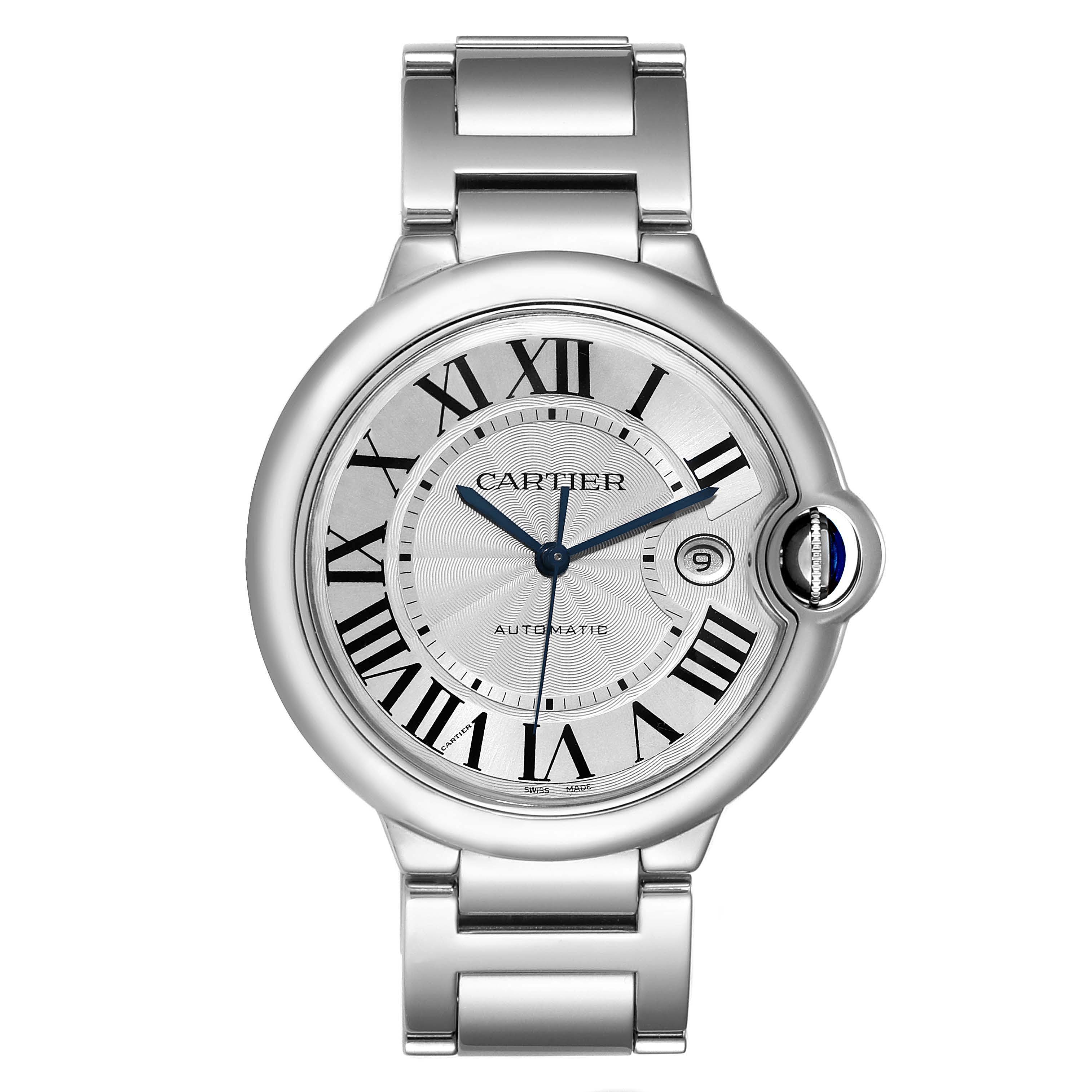 The image shows a front view of the Ballon Bleu model watch by Cartier, displaying its face, bracelet, and crown.