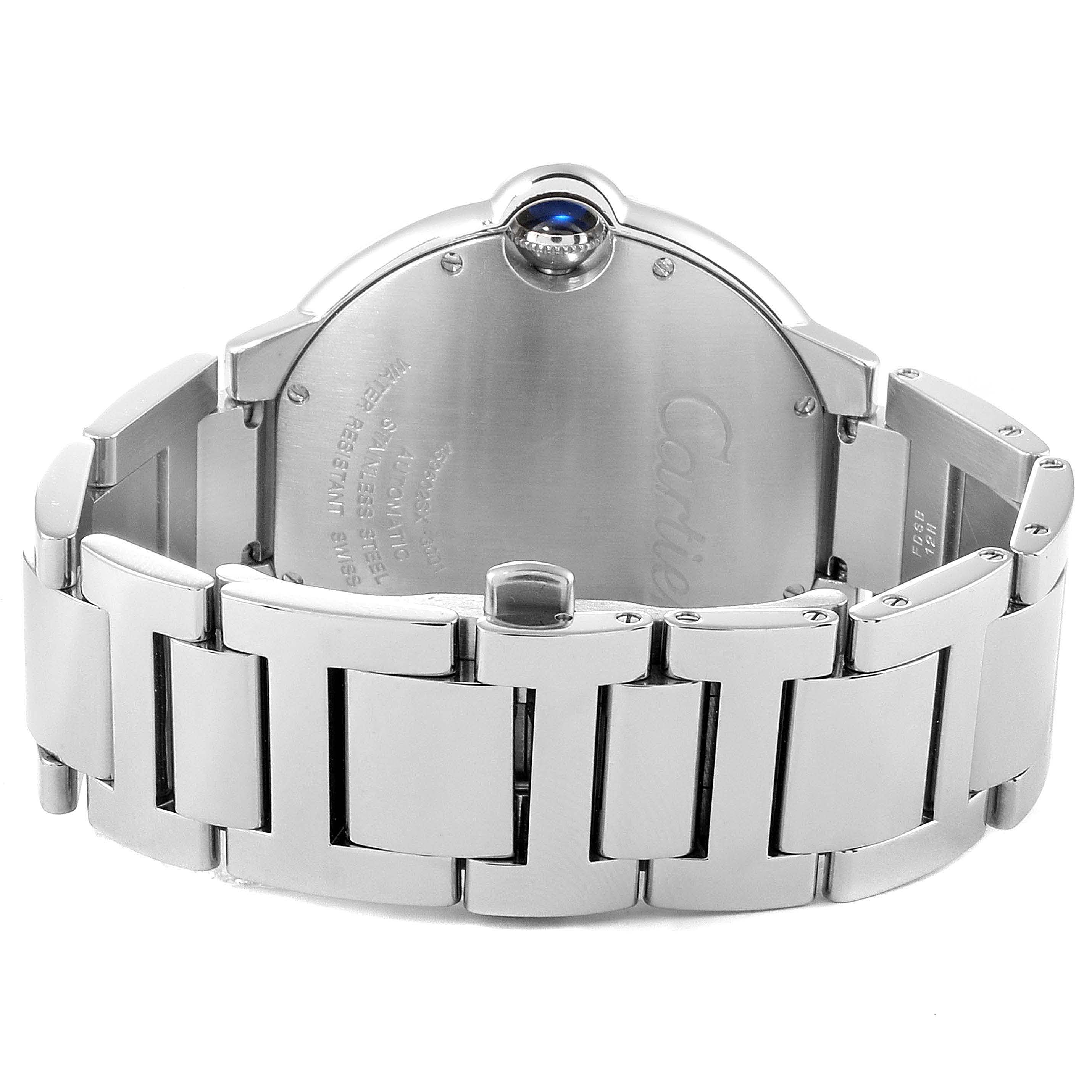 This image shows the back and bracelet of a Ballon Bleu de Cartier watch, featuring a stainless steel band and sapphire crown.