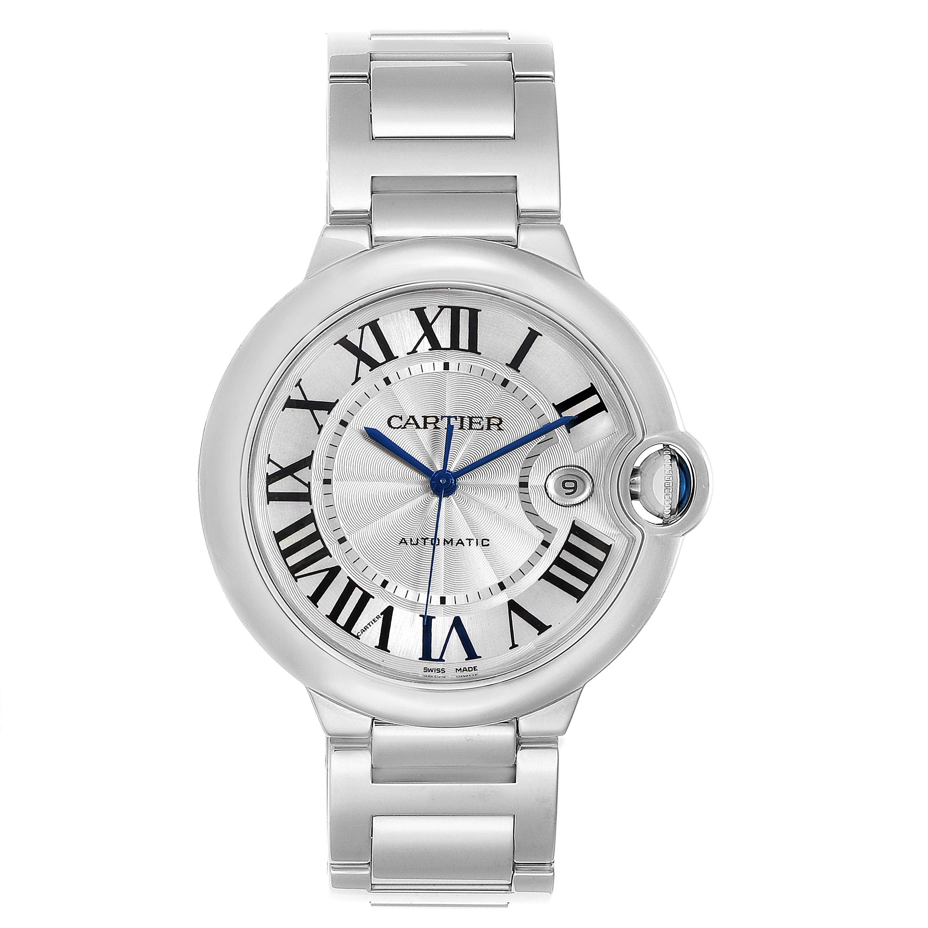 The image shows a front view of the Ballon Bleu model by Cartier, displaying the face, Roman numerals, and stainless steel bracelet.