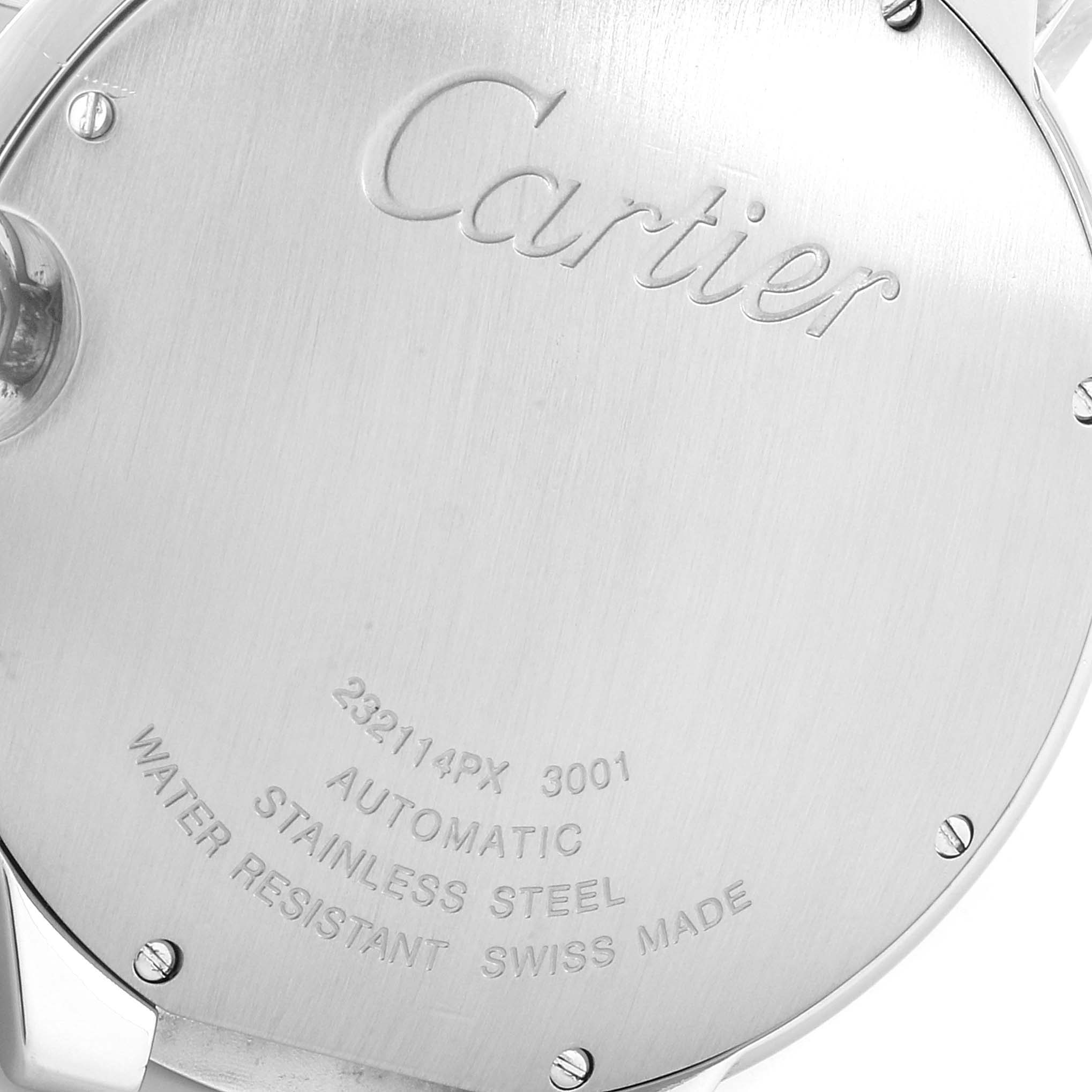 The image shows the back case of a Ballon Bleu model by Cartier, highlighting its inscriptions and screws.