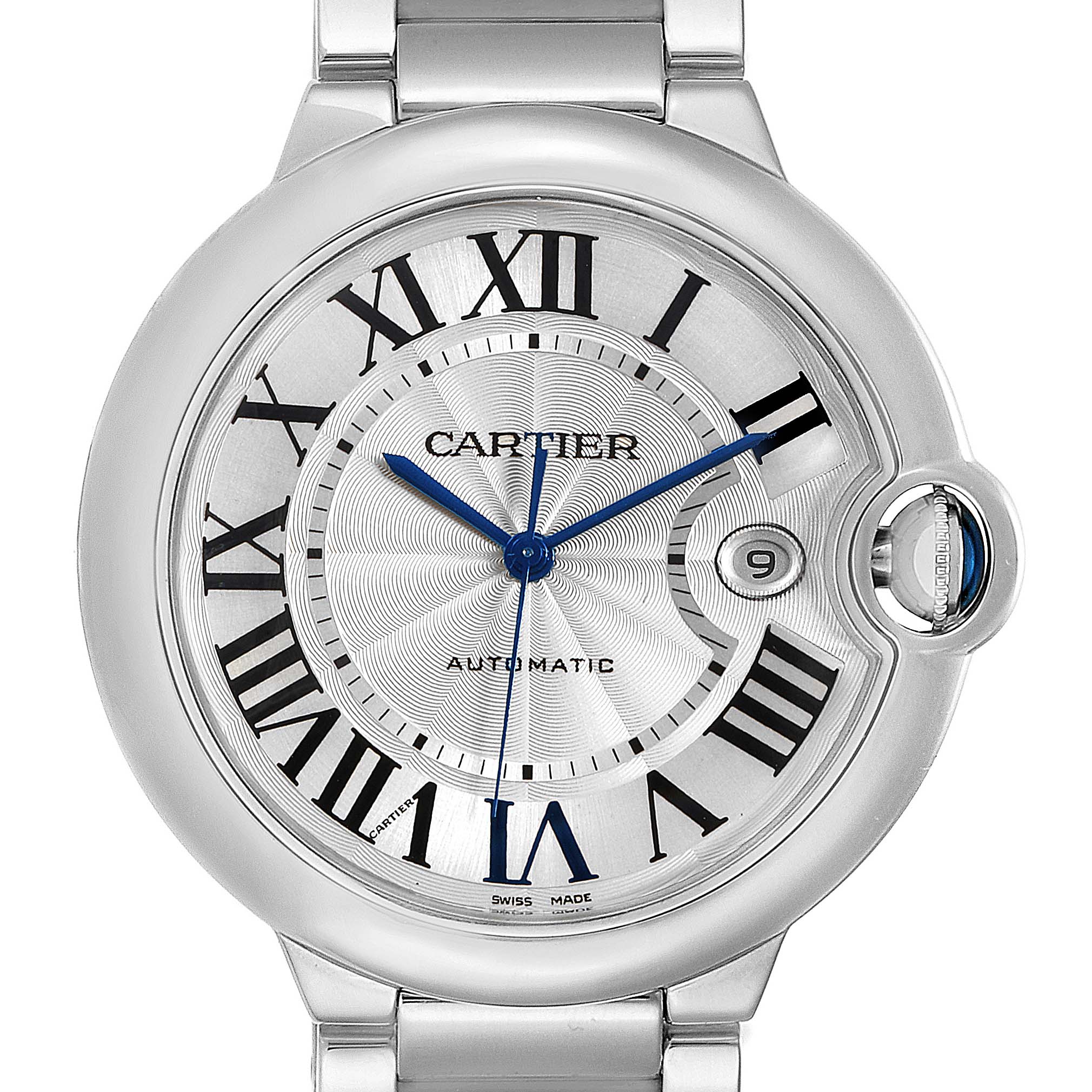 The image shows a front view of a Ballon Bleu de Cartier watch, highlighting its face, Roman numerals, and metallic bracelet.