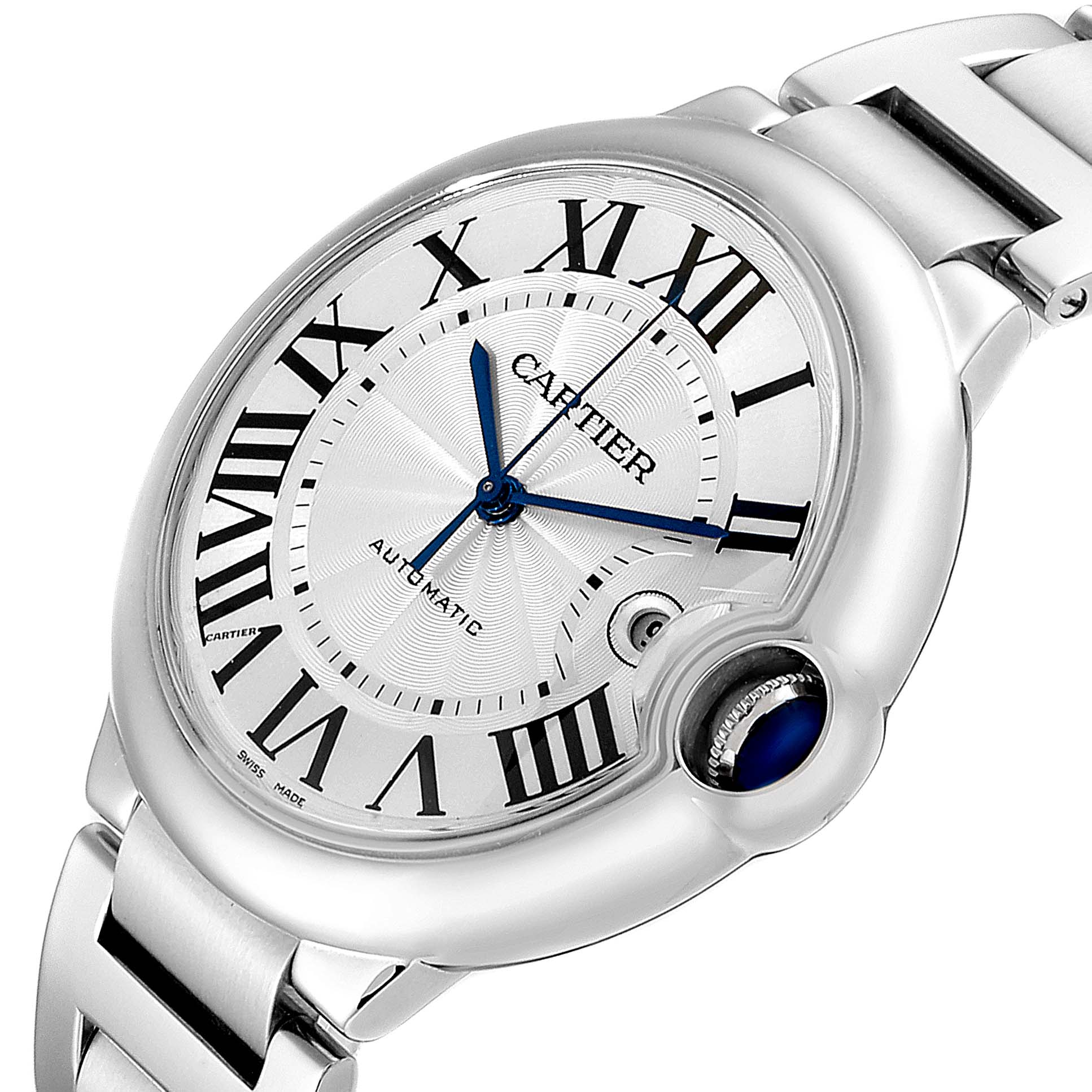 The image shows a close-up view of the Cartier Ballon Bleu W69012Z4 Men's Stainless Steel Silver Dial W69012Z4 Men's Stainless Steel Silver Dial watch, highlighting its dial, blue hands, and part of the silver bracelet.