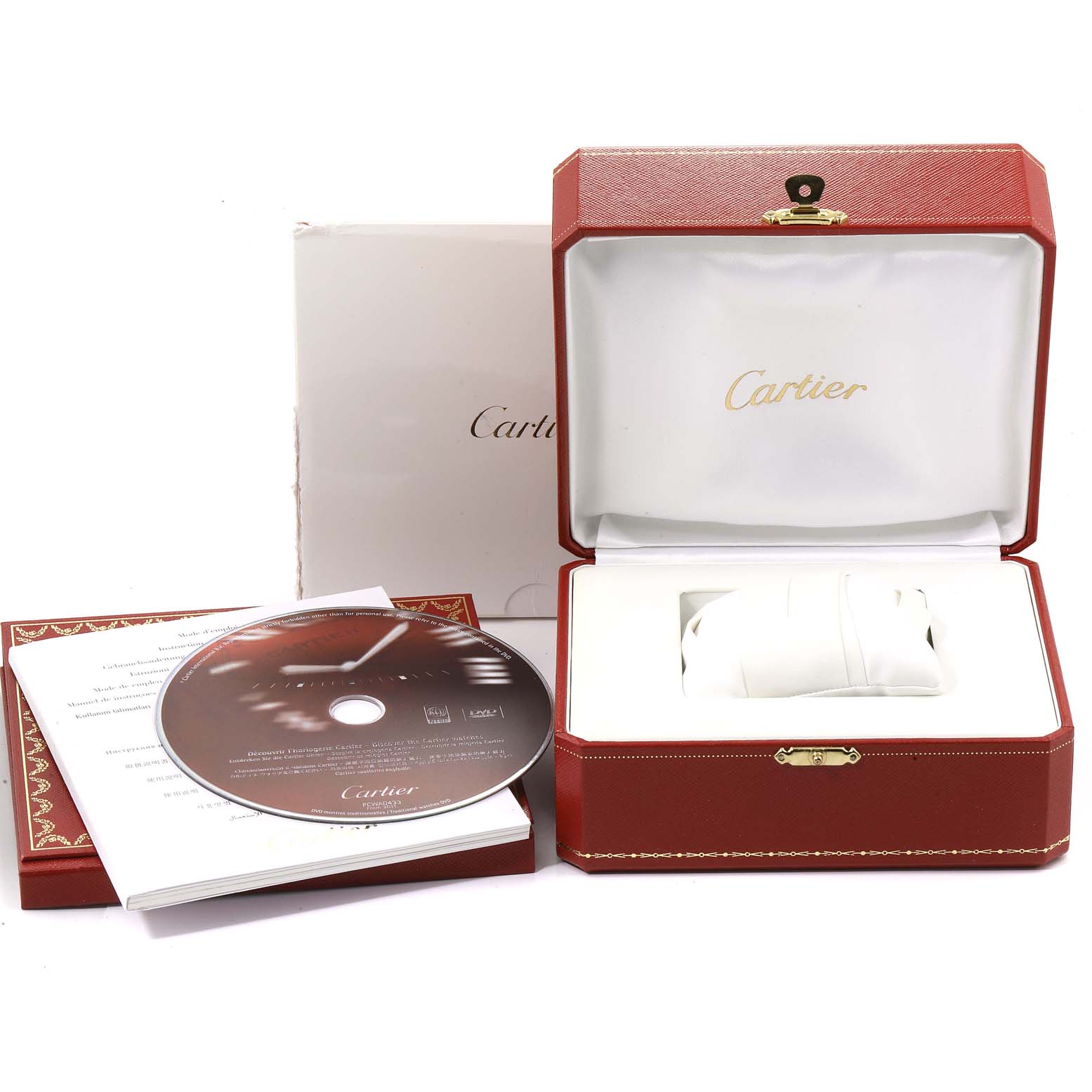 The image shows the packaging, including the box and CD, for a Ballon Bleu watch by Cartier.
