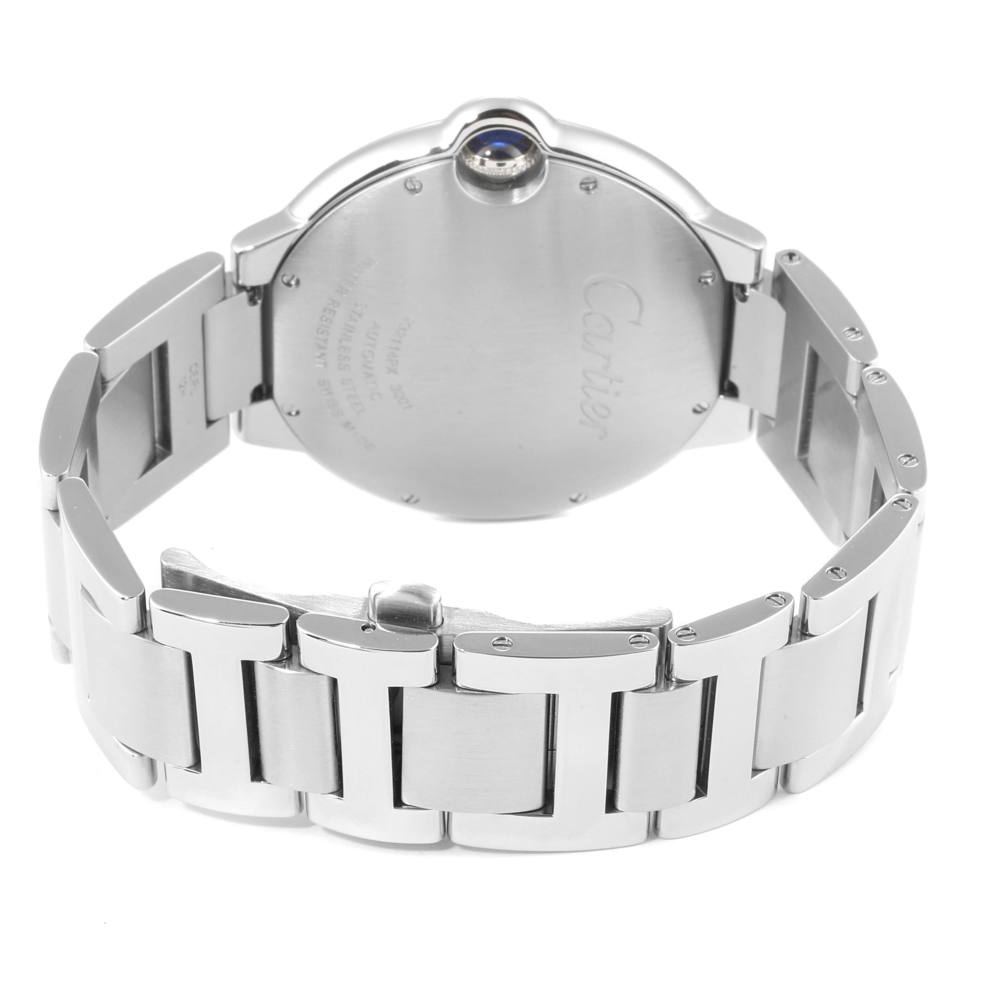 The image shows the back and bracelet of a Ballon Bleu model by Cartier, highlighting the case back and metal links.