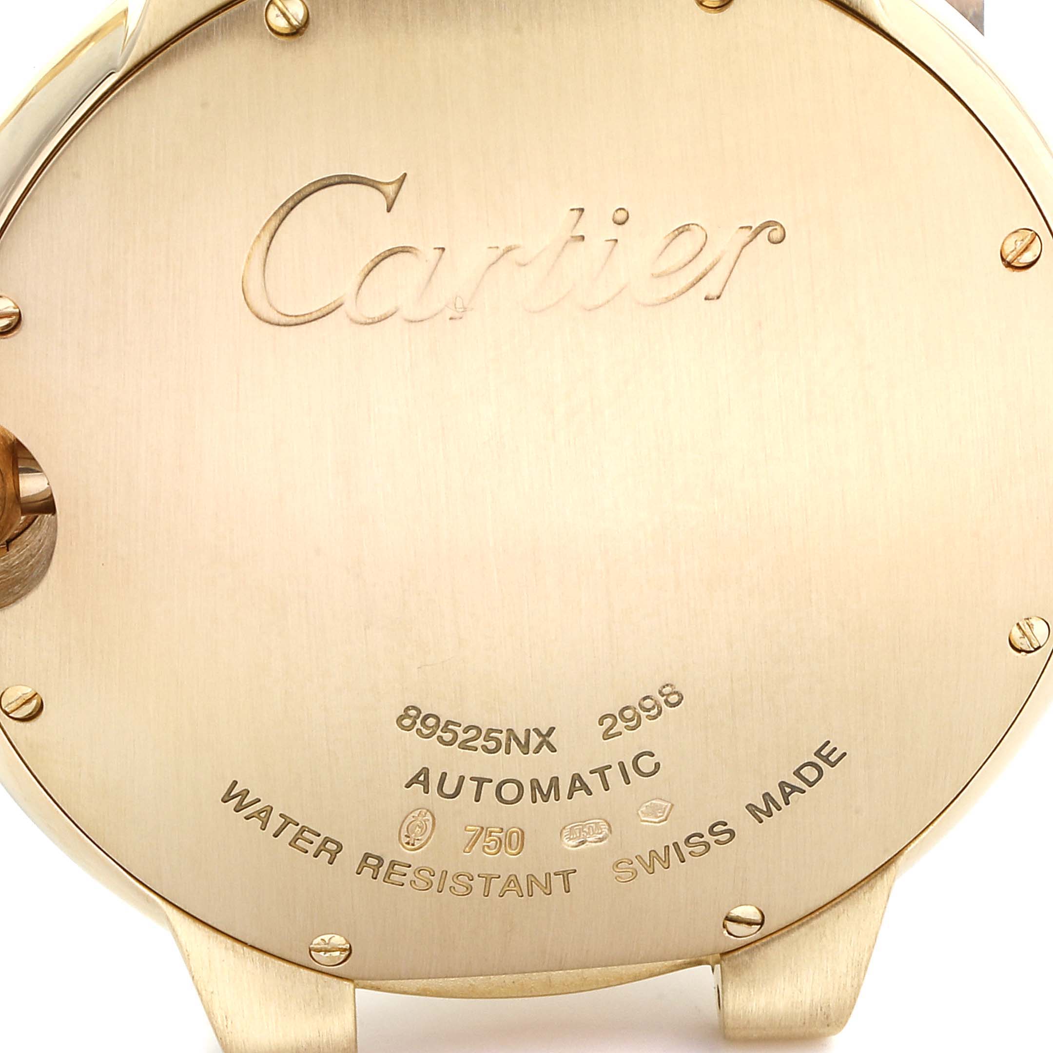 This image shows the back case of a Cartier Ballon Bleu W69005Z2  Men's Yellow Gold Silver Dial W69005Z2  Men's Yellow Gold Silver Dial watch, highlighting the brand name, model, and specifications.