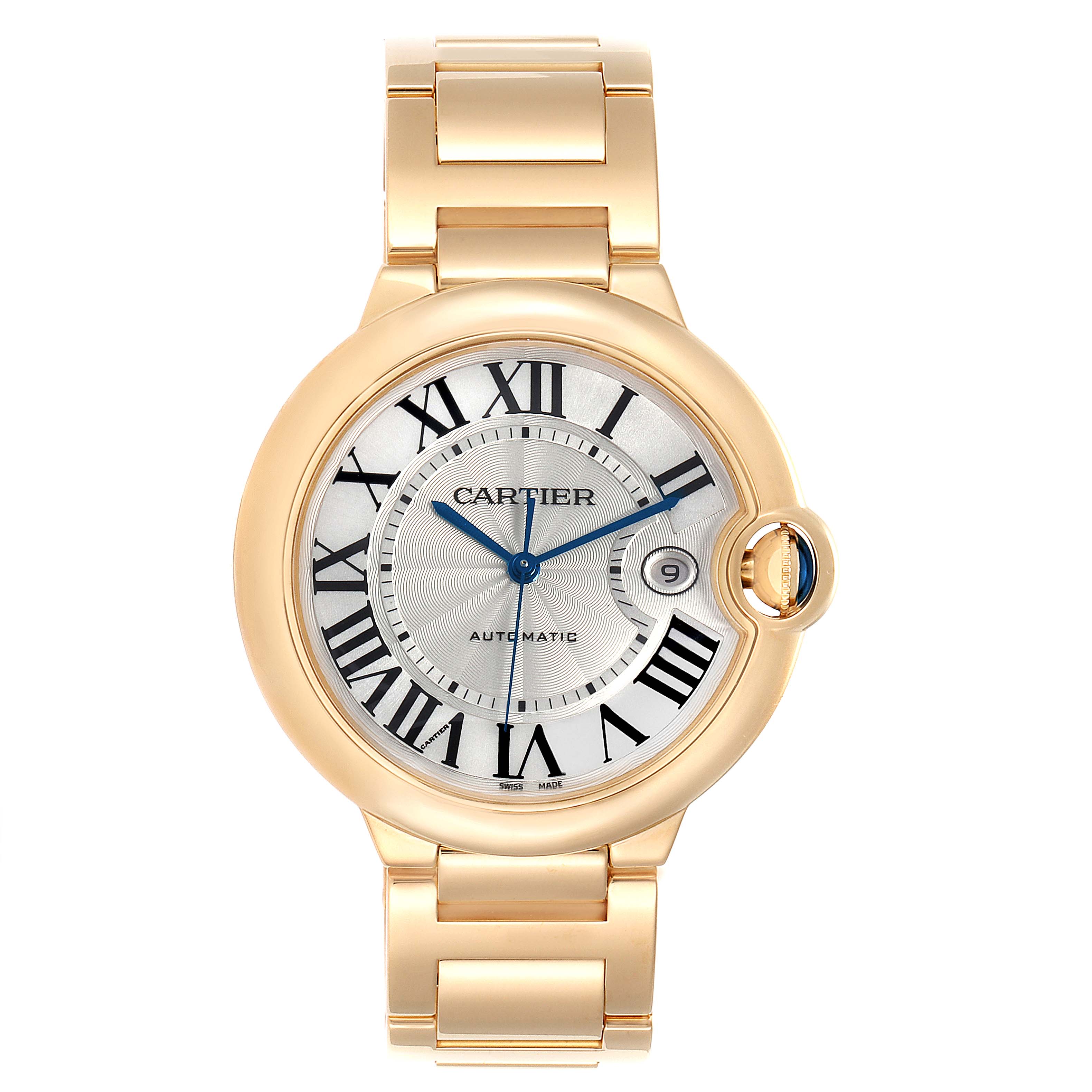 The Cartier Ballon Bleu W69005Z2  Men's Yellow Gold Silver Dial W69005Z2  Men's Yellow Gold Silver Dial watch is shown at a front angle, displaying its face, dial, and bracelet.