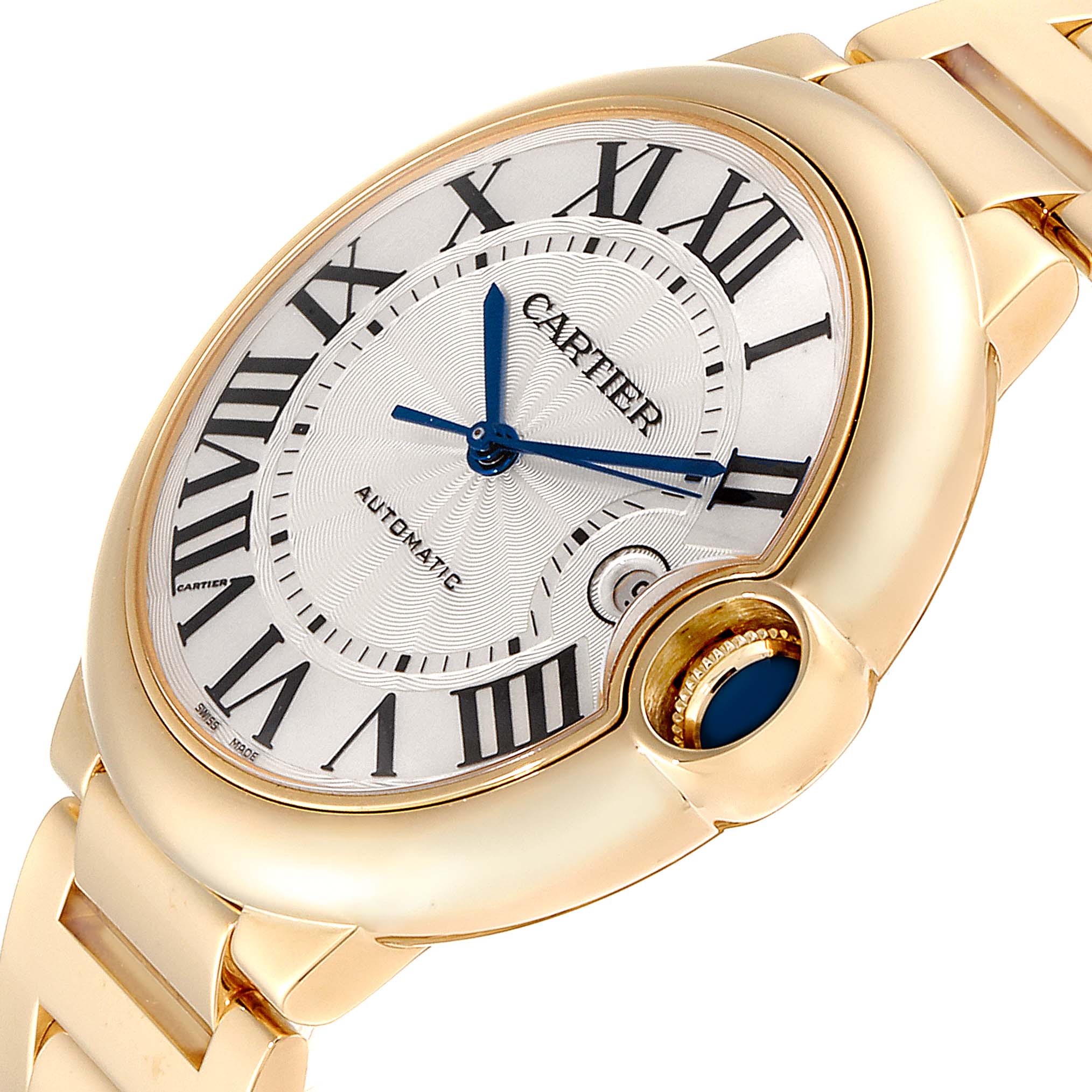 The image shows a close-up of the Cartier Ballon Bleu W69005Z2  Men's Yellow Gold Silver Dial W69005Z2  Men's Yellow Gold Silver Dial watch from an angled view highlighting its face and bracelet.