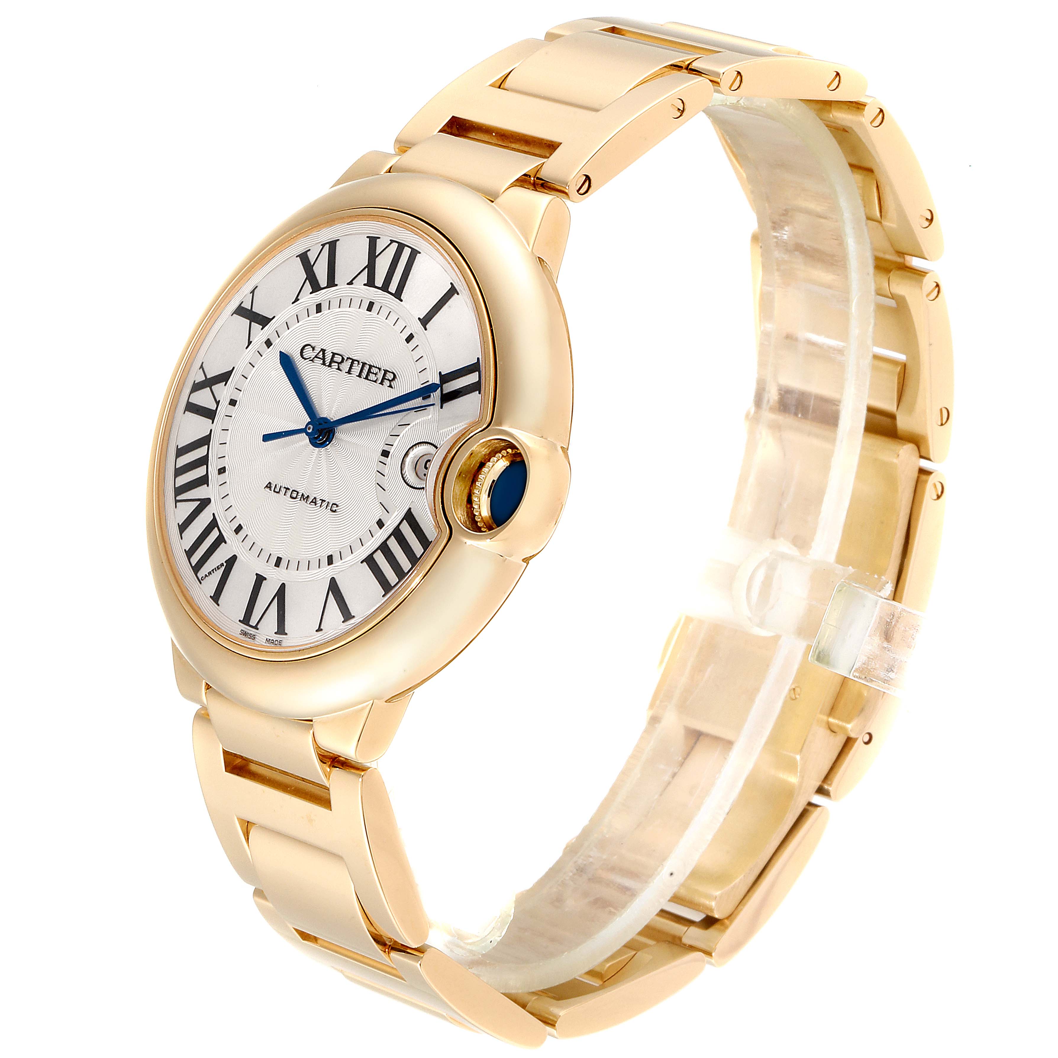The image shows a Cartier Ballon Bleu W69005Z2  Men's Yellow Gold Silver Dial W69005Z2  Men's Yellow Gold Silver Dial watch at a three-quarter angle, highlighting its face, crown, and bracelet.