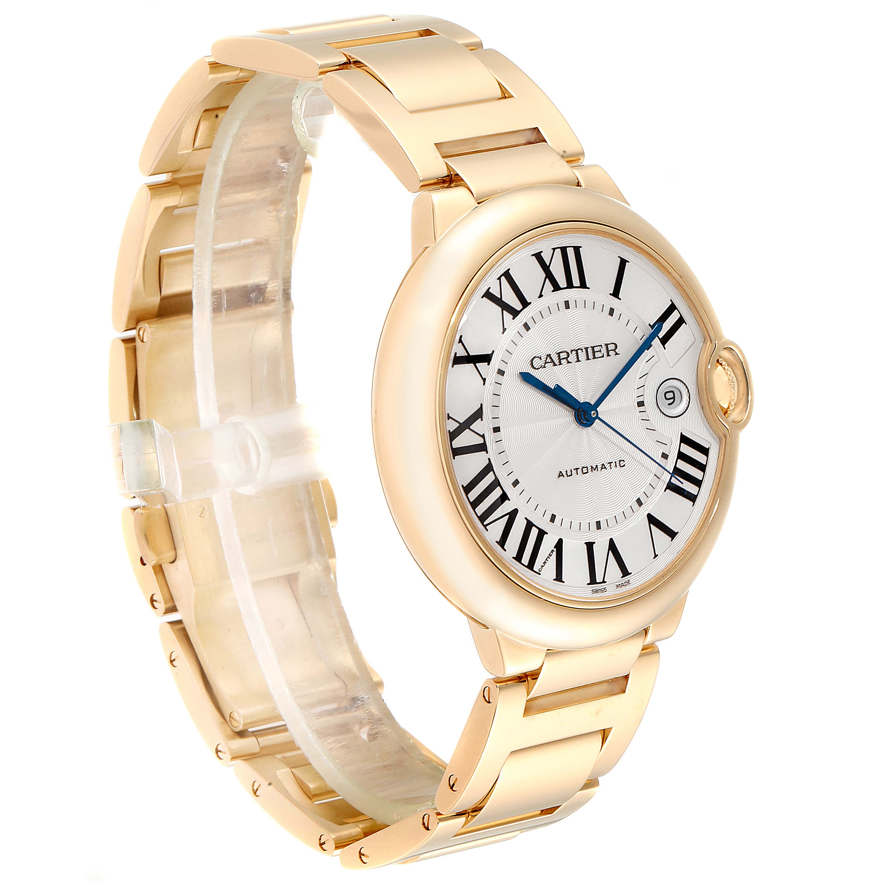 The image shows a side angle of the Cartier Ballon Bleu W69005Z2  Men's Yellow Gold Silver Dial W69005Z2  Men's Yellow Gold Silver Dial watch, highlighting its face, Roman numeral dial, blue hands, and metal bracelet.