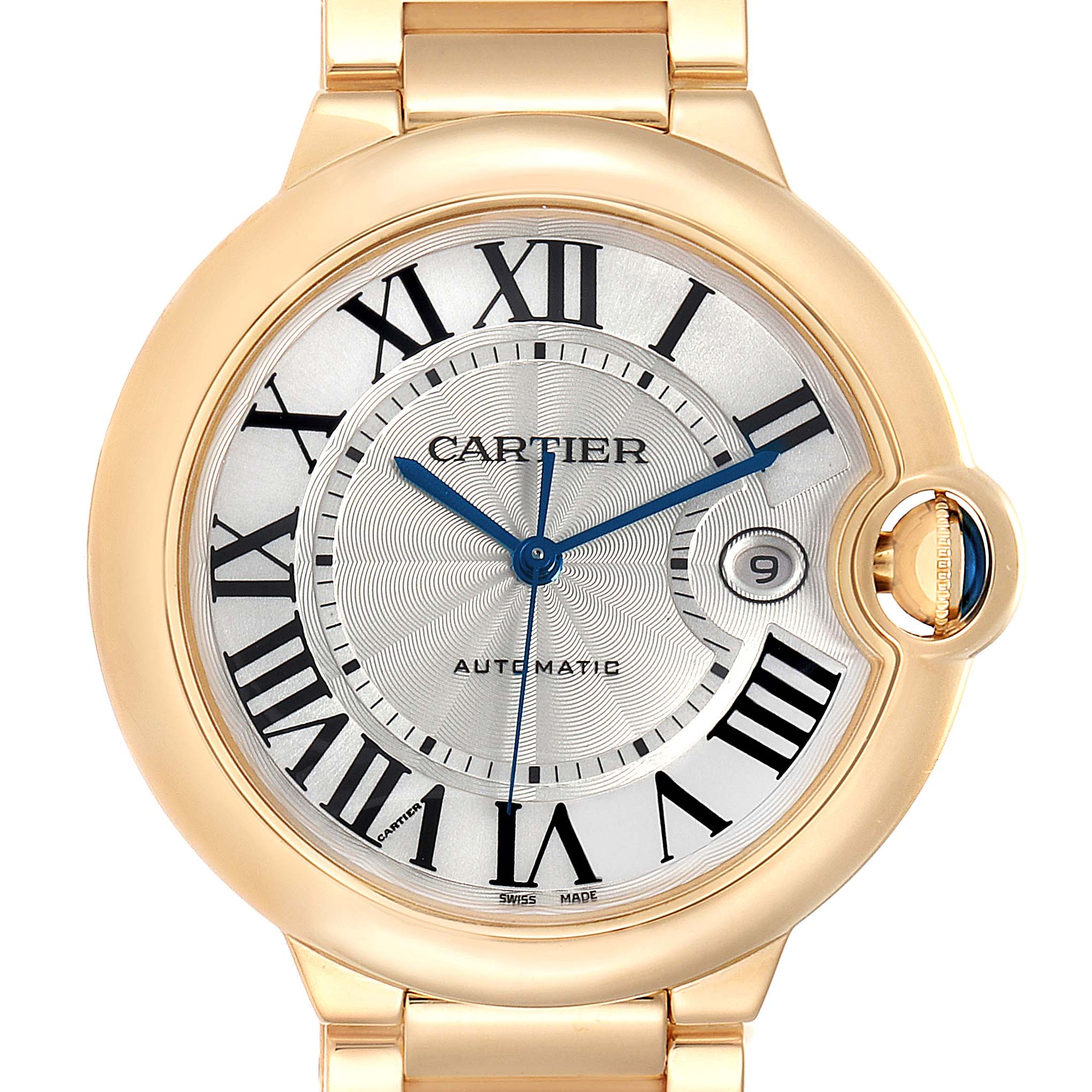 The image shows a close-up, front-facing view of a Ballon Bleu model by Cartier, highlighting the dial and bracelet.