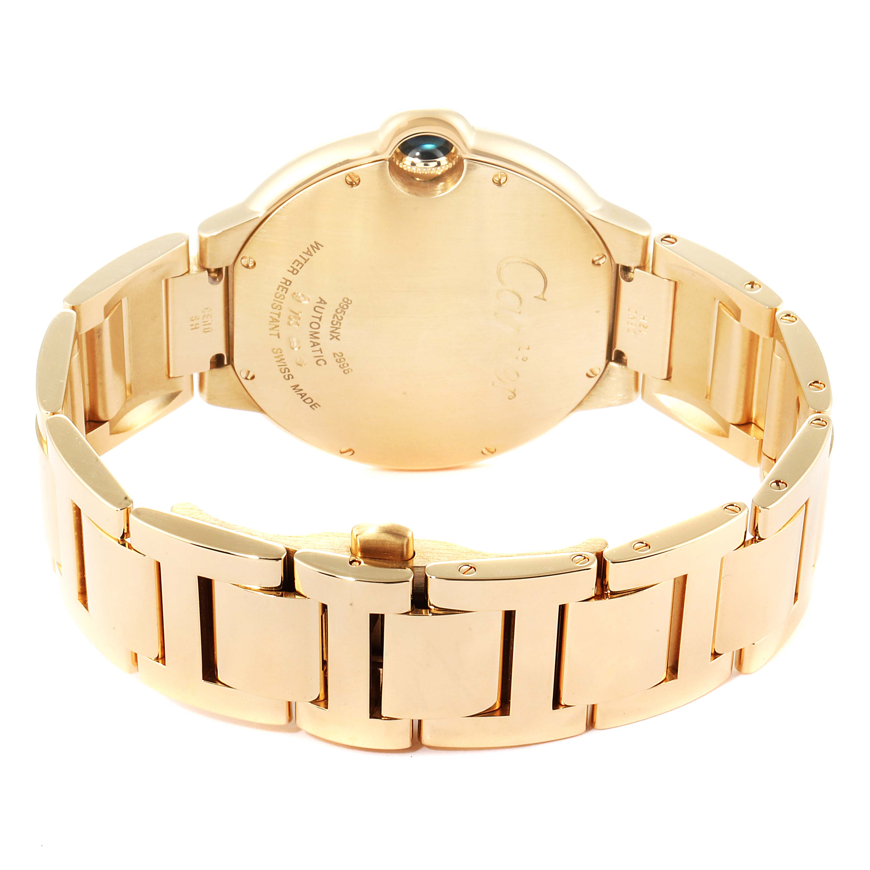 The image shows the back and bracelet of a Cartier Ballon Bleu W69005Z2  Men's Yellow Gold Silver Dial W69005Z2  Men's Yellow Gold Silver Dial watch at an angle, revealing its clasp and case back details.