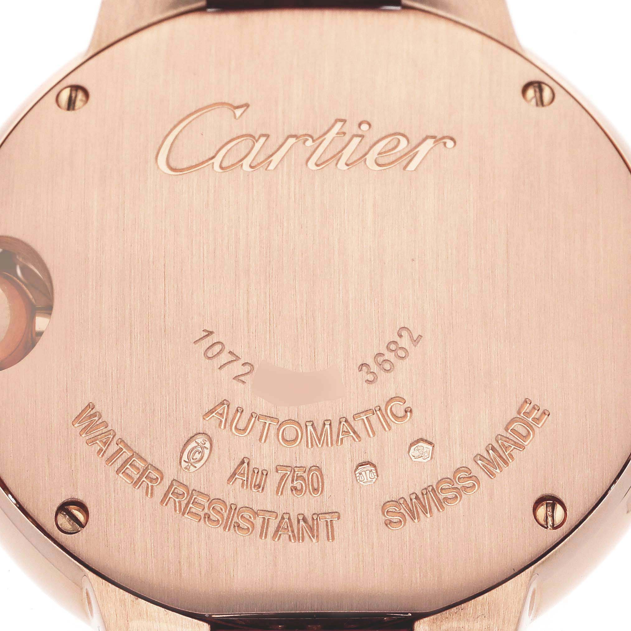 The image shows the back of the Cartier Ballon Bleu WJBB0033 Women's Rose Gold Silver Dial WJBB0033 Women's Rose Gold Silver Dial watch, featuring engraved brand details and specifications.