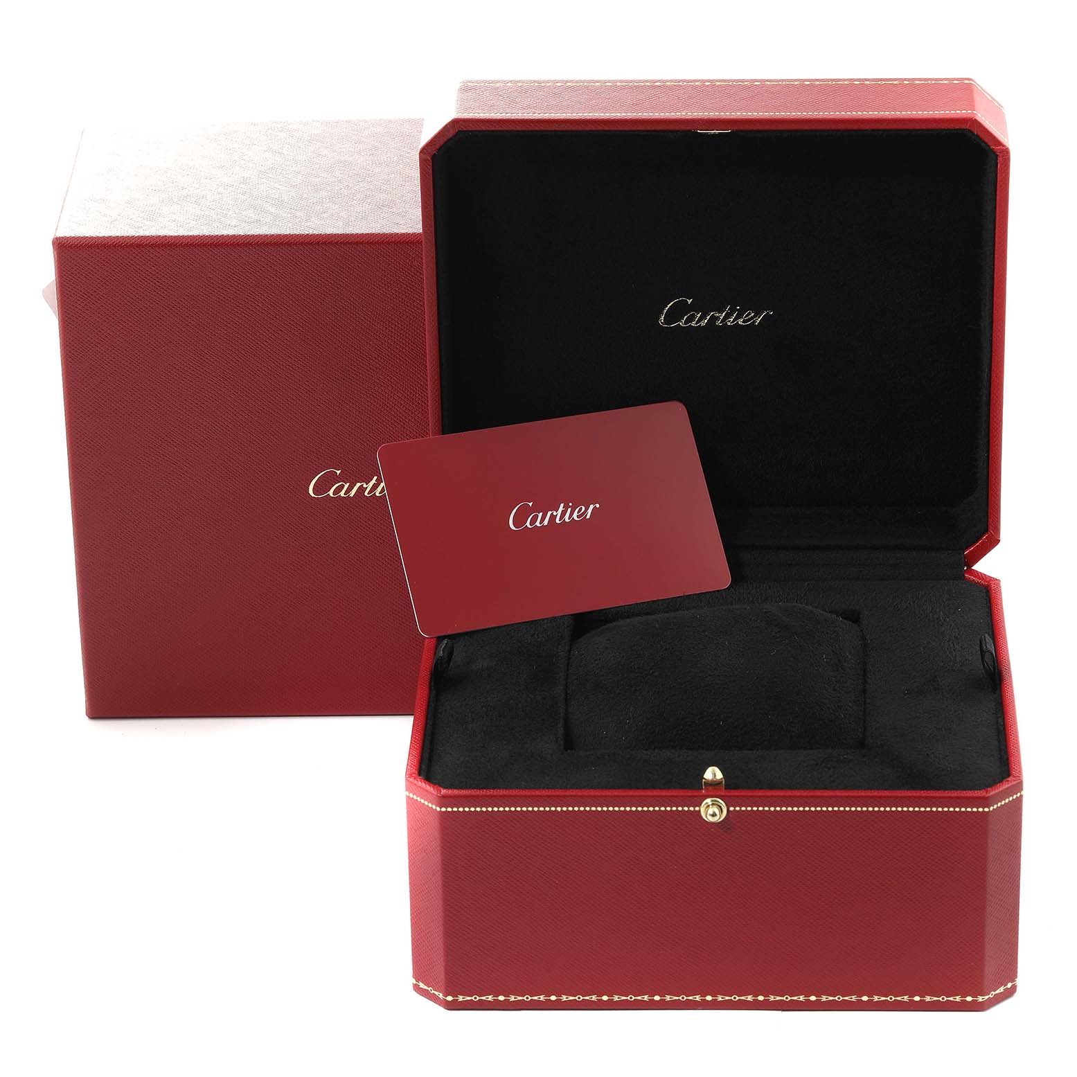 The image shows the open box and warranty card for the Ballon Bleu model by Cartier.
