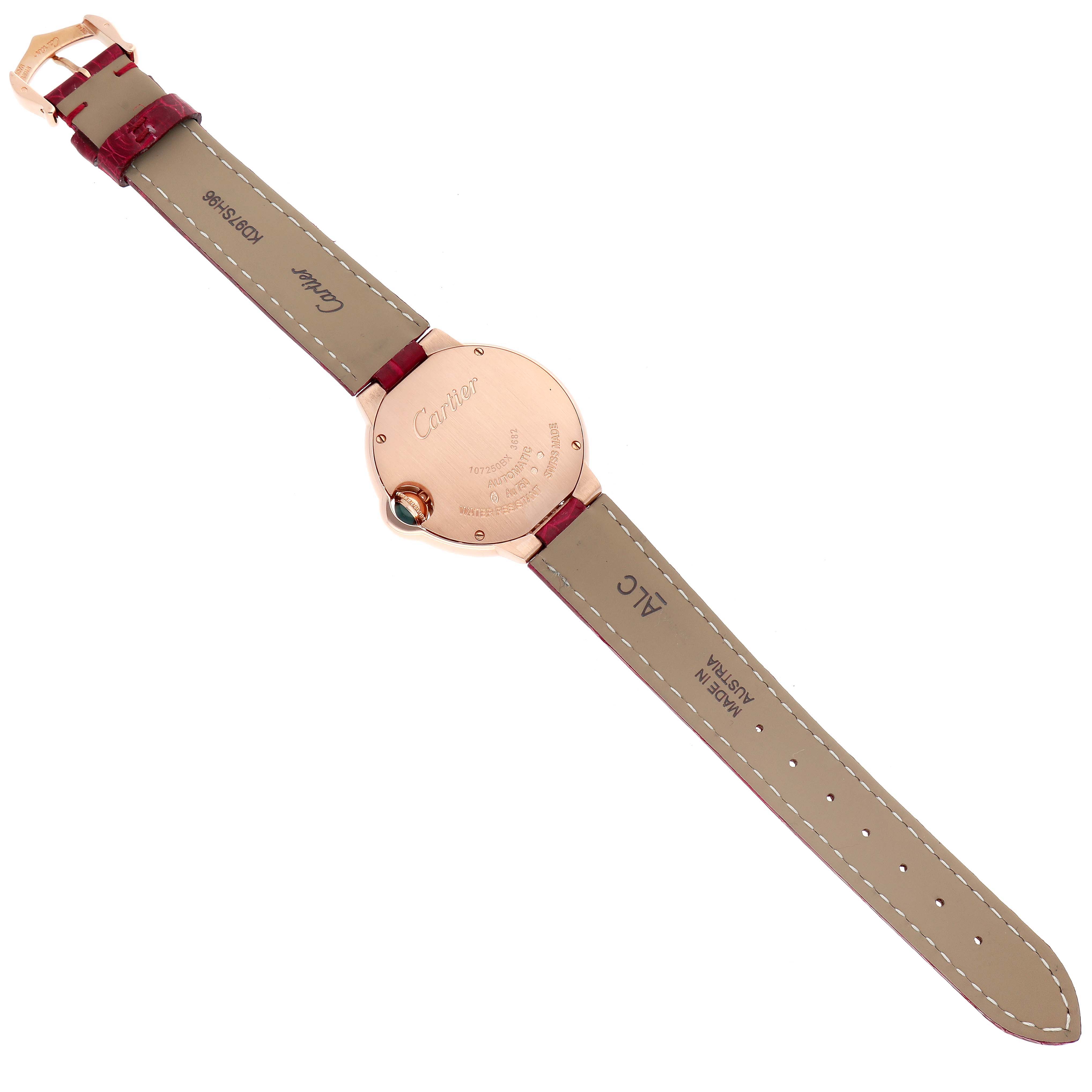 This image shows the back view of a Cartier Ballon Bleu WJBB0033 Women's Rose Gold Silver Dial WJBB0033 Women's Rose Gold Silver Dial watch, highlighting its strap and case back.