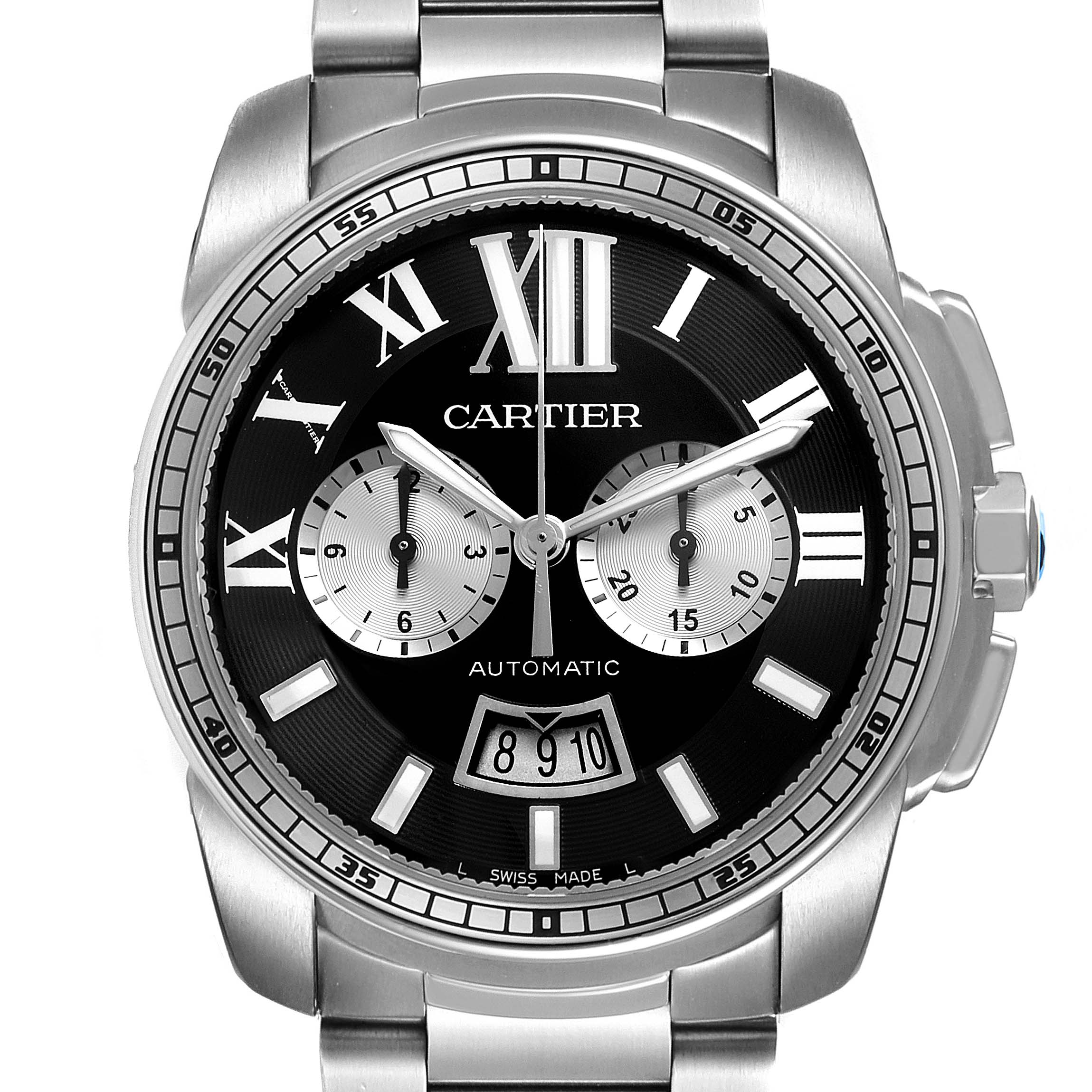 The image shows a frontal view of the Calibre de Cartier model by Cartier, highlighting the dial, hands, bezel, and bracelet.