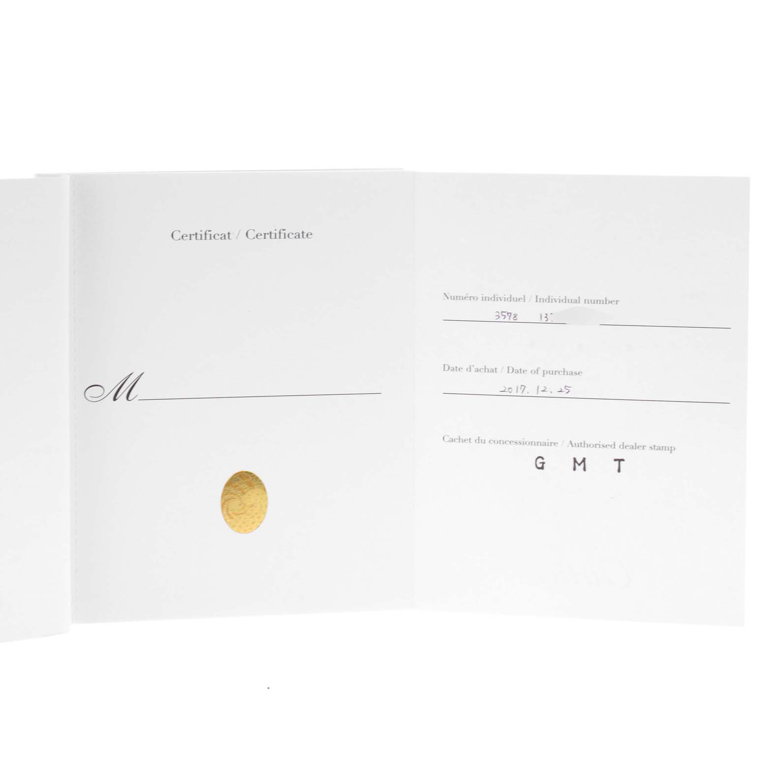 This image shows the certificate and warranty card for the Calibre de Cartier model by Cartier.
