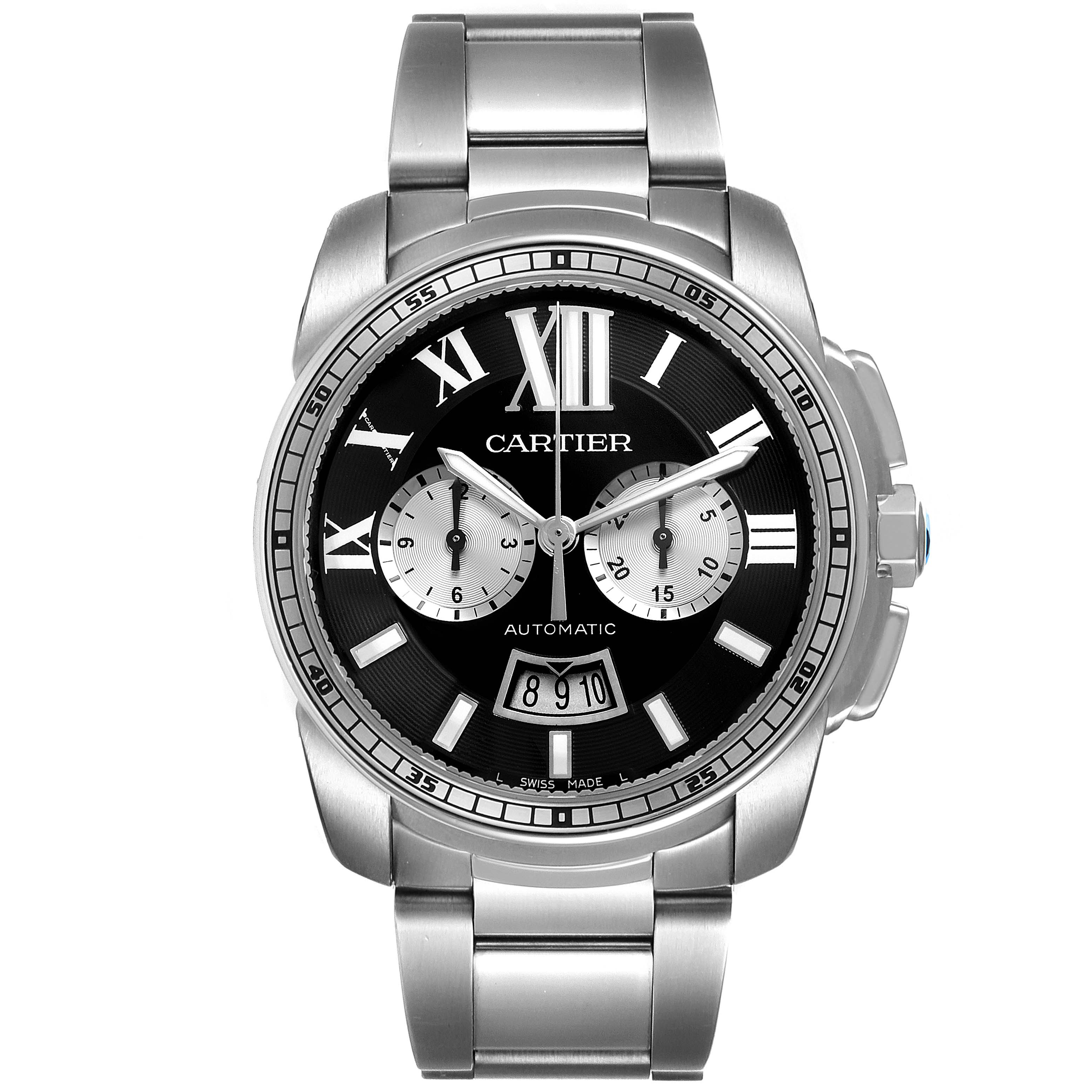 The image shows a frontal view of the Calibre de Cartier watch by Cartier, highlighting its dial, bracelet, and bezel.
