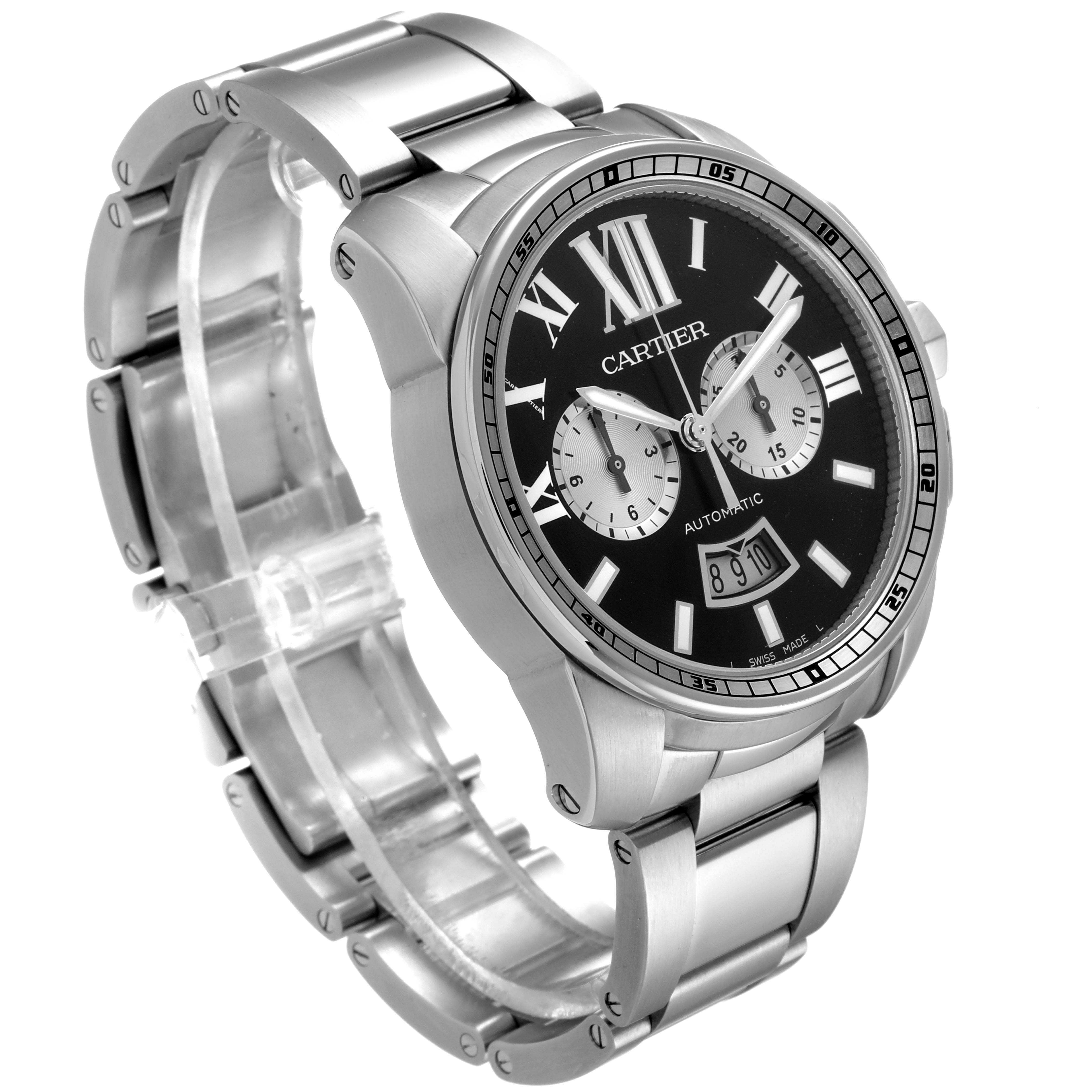 The watch is a Calibre de Cartier model by Cartier, shown at an angle displaying the dial, bezel, and stainless steel bracelet.