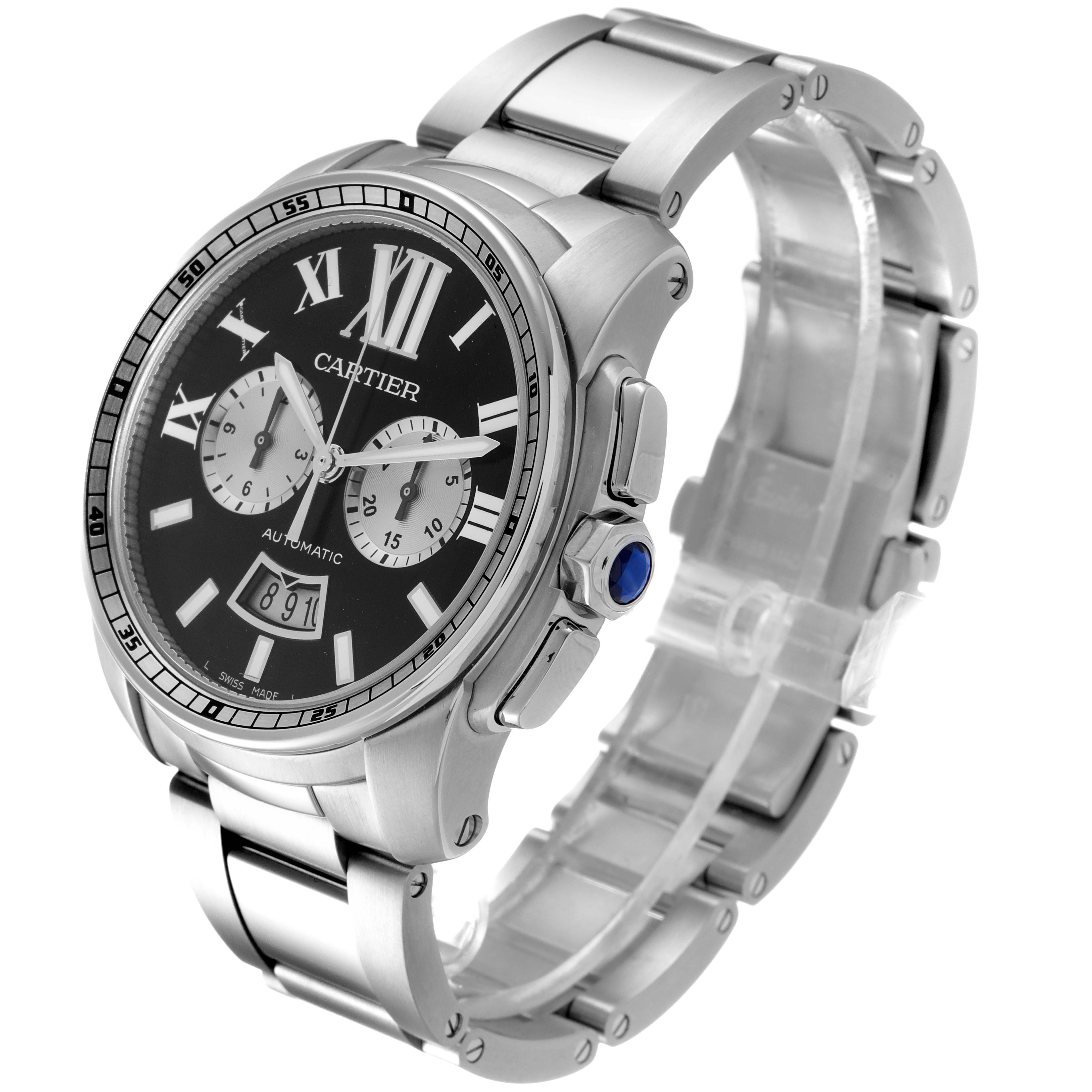 This image shows a side and front angled view of the Calibre de Cartier watch by Cartier, displaying its dial, bezel, and bracelet.